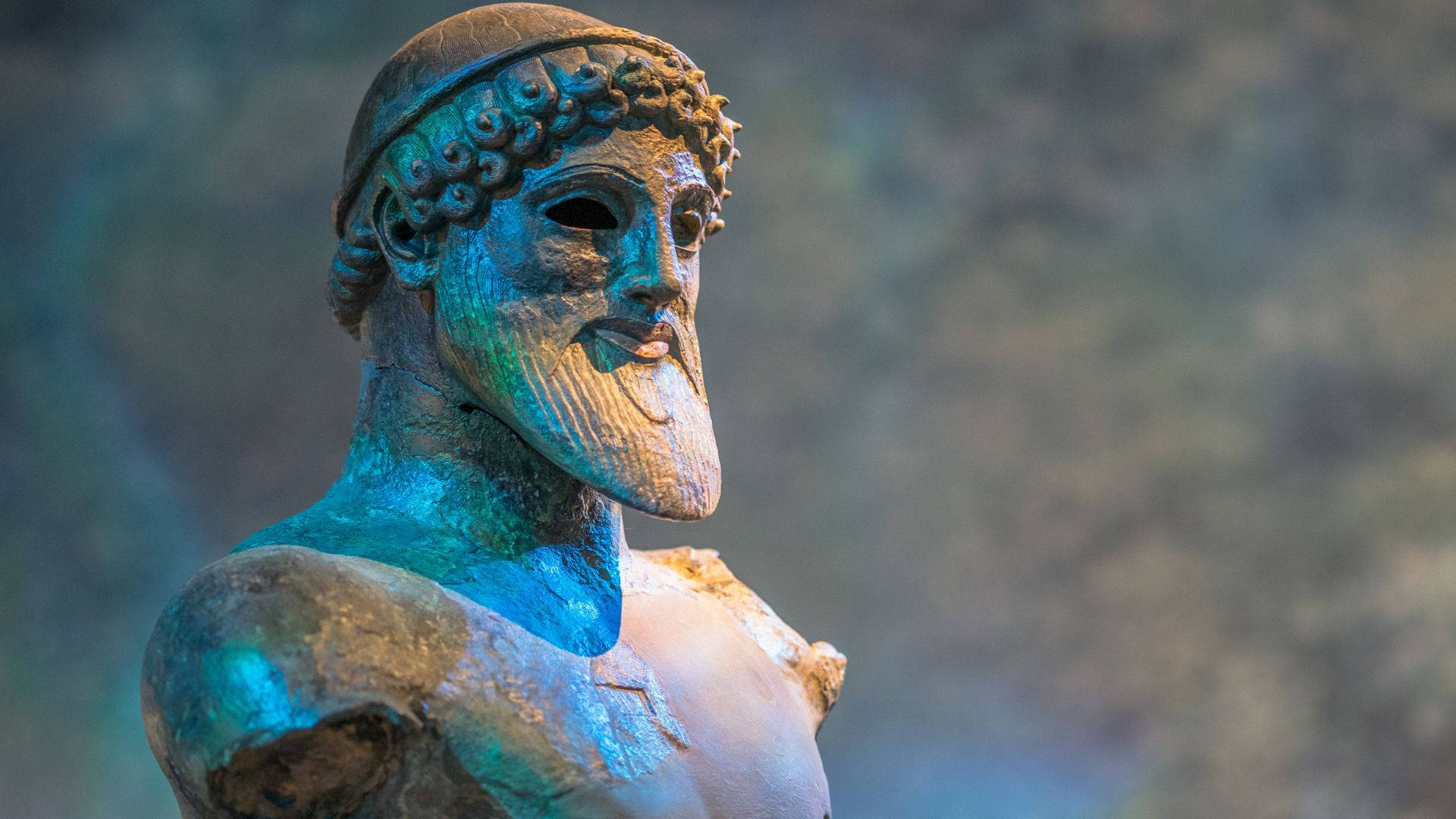Greek God, ancient bronze statue, weathered patina, Full HD Desktop Wallpaper
