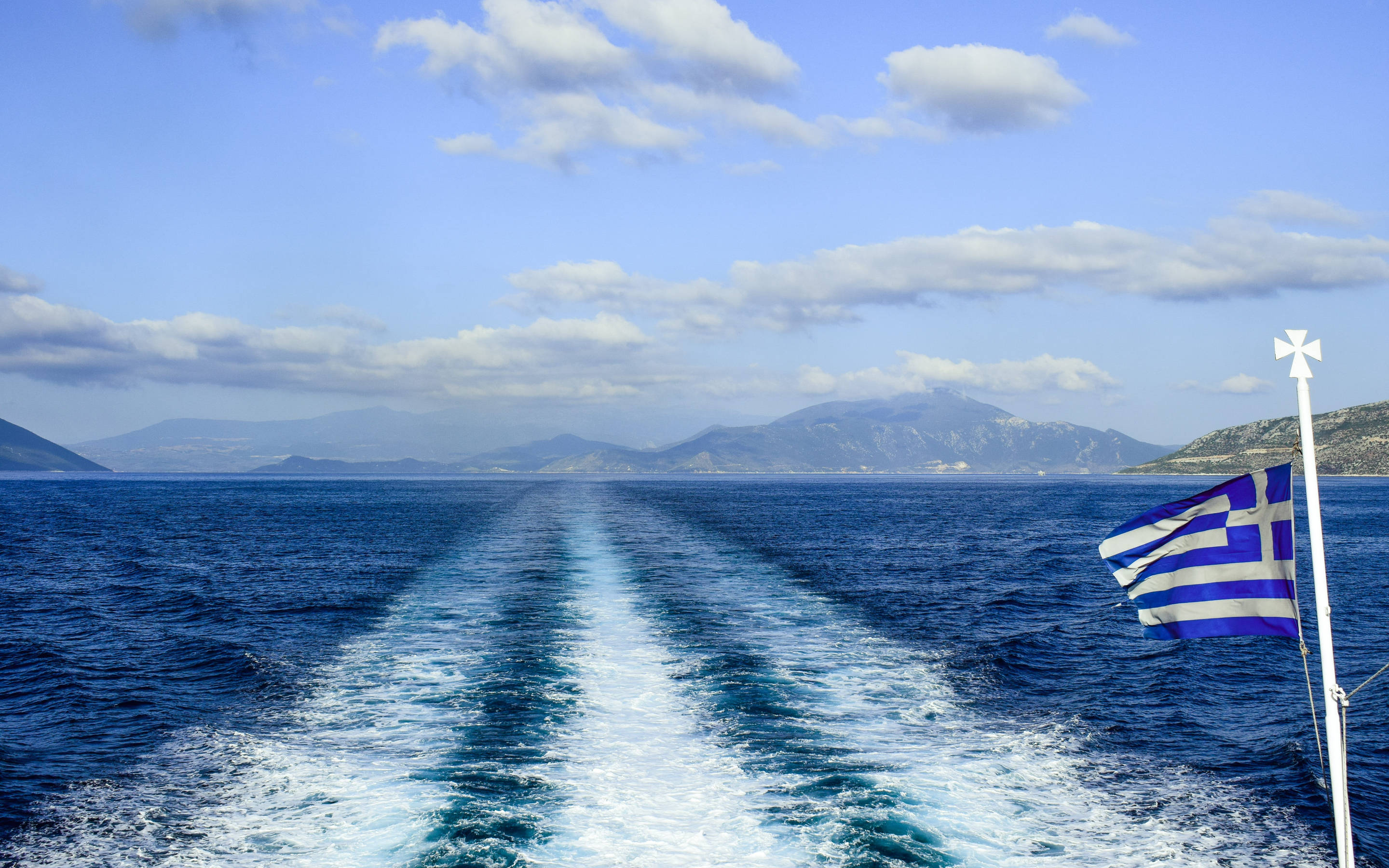 Greek flag, boat, white wake, 2K Desktop Wallpaper
