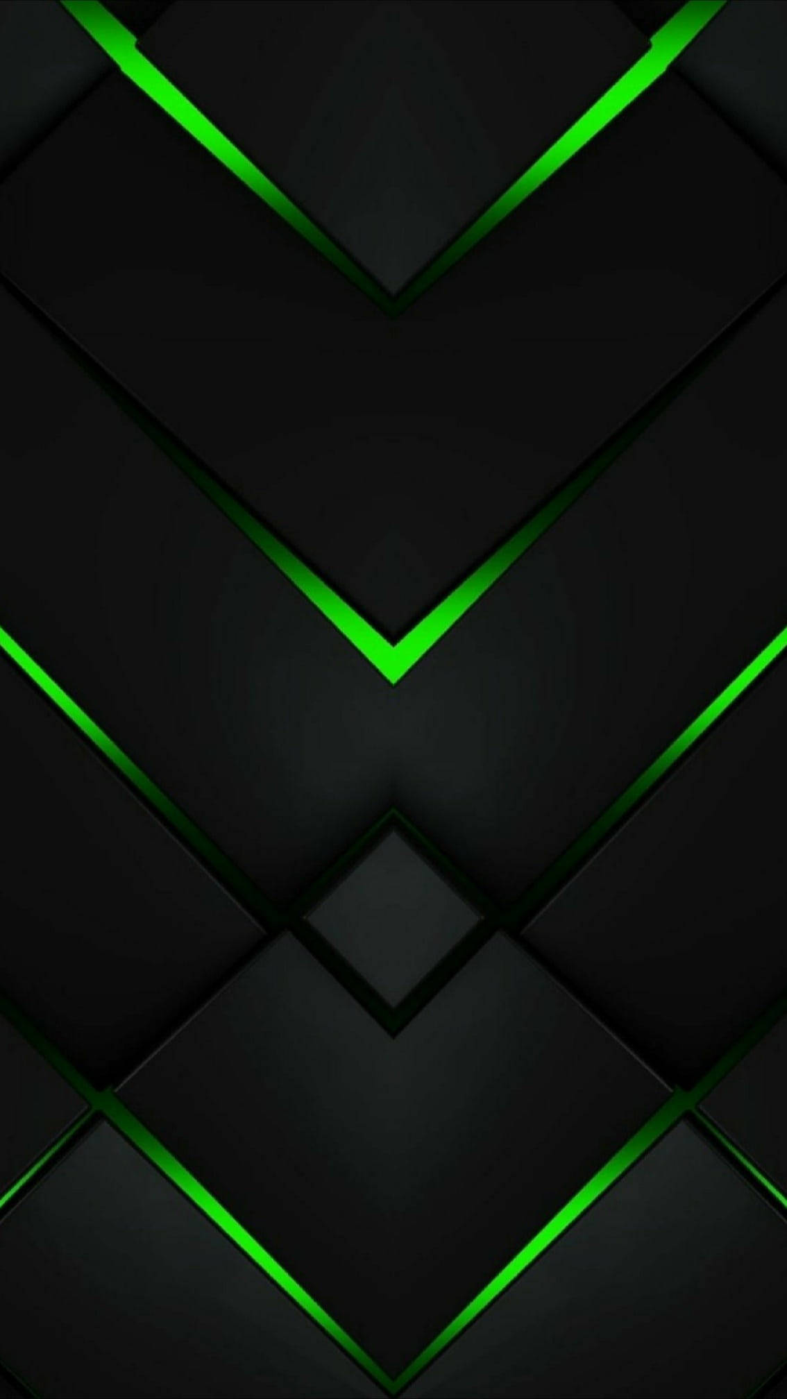 black textured surface, vibrant green glowing lines, geometric chevron pattern, Full HD Phone Wallpaper
