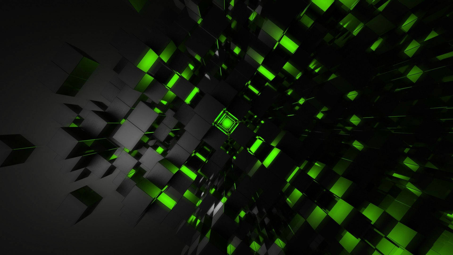luminous green, glowing green cubes, tunnel, Full HD Desktop Wallpaper