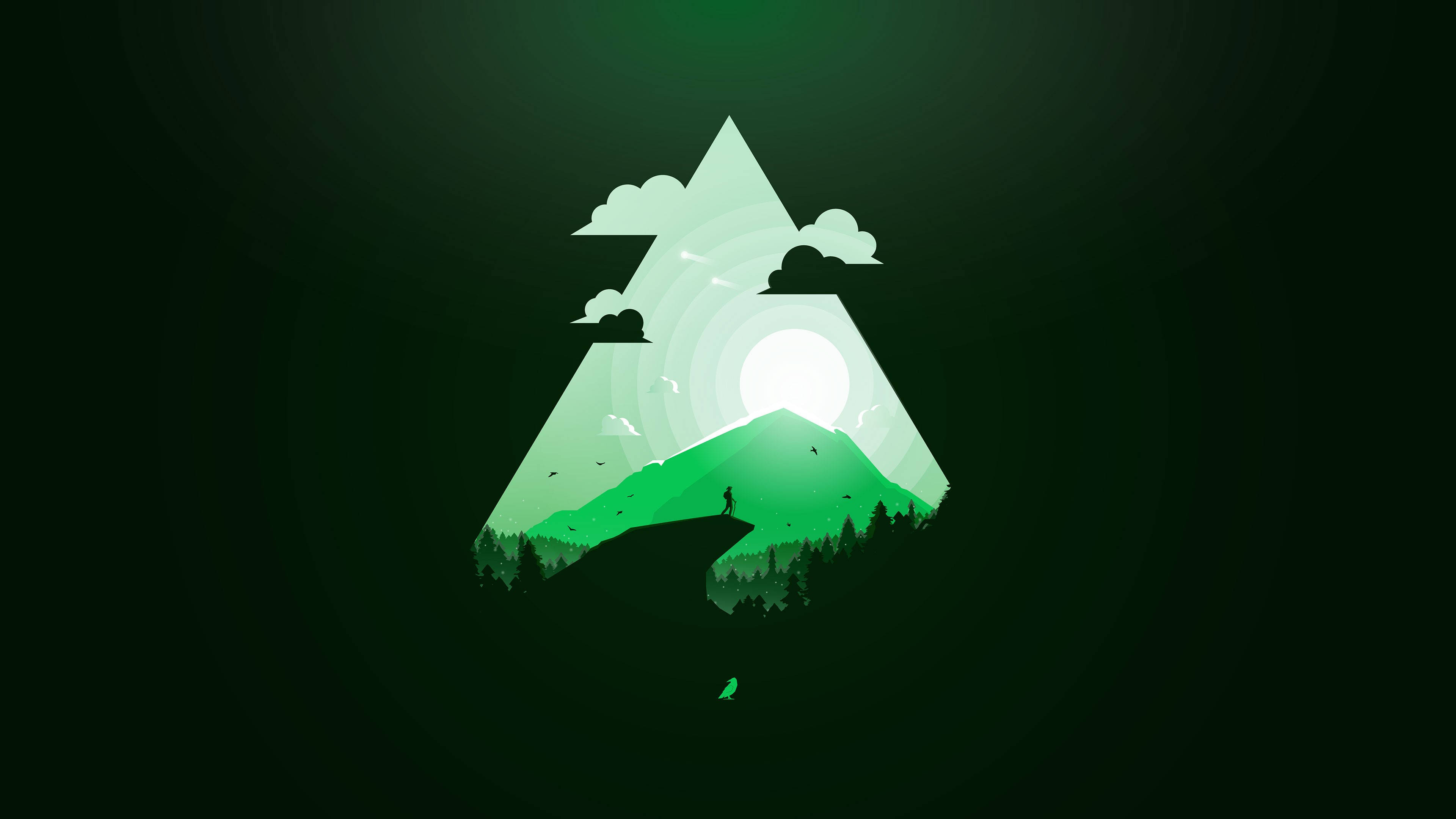 green mountain peak, glowing triangular portal, clouds, 4K Desktop Wallpaper