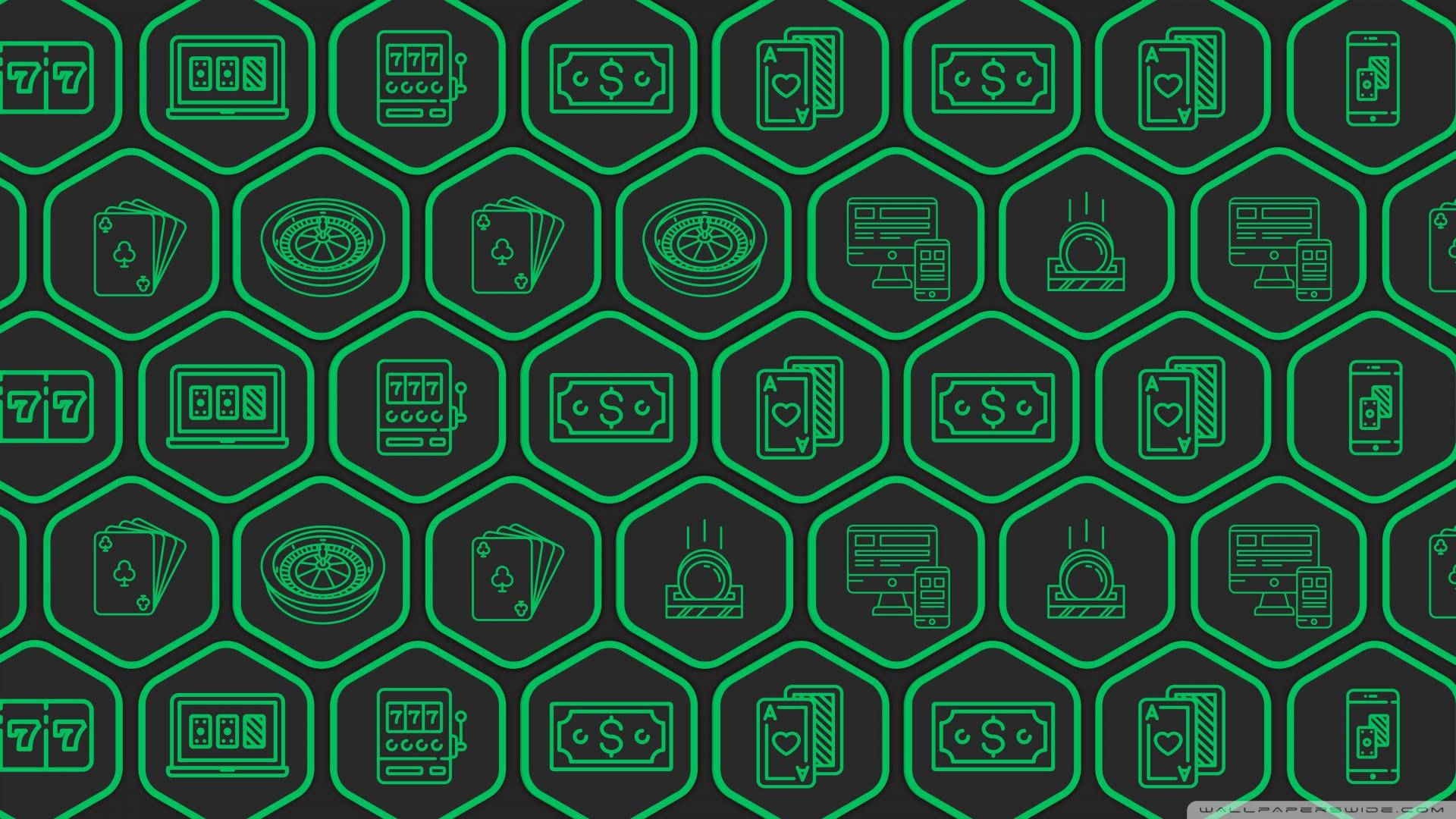 casino, glowing green hexagonal icons, dark background, Full HD Desktop Wallpaper