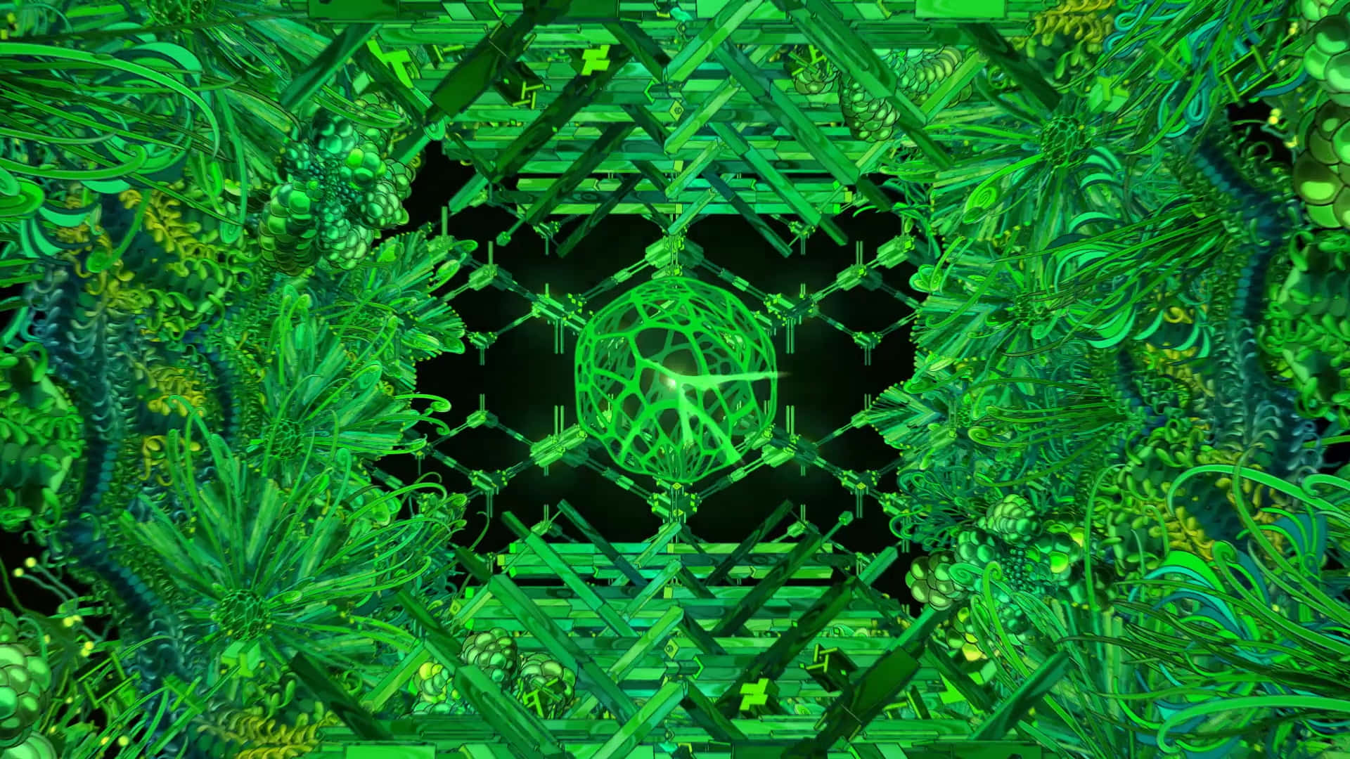 glowing green geometric sphere, kaleidoscopic tunnel, fractal vines, Full HD Desktop Wallpaper