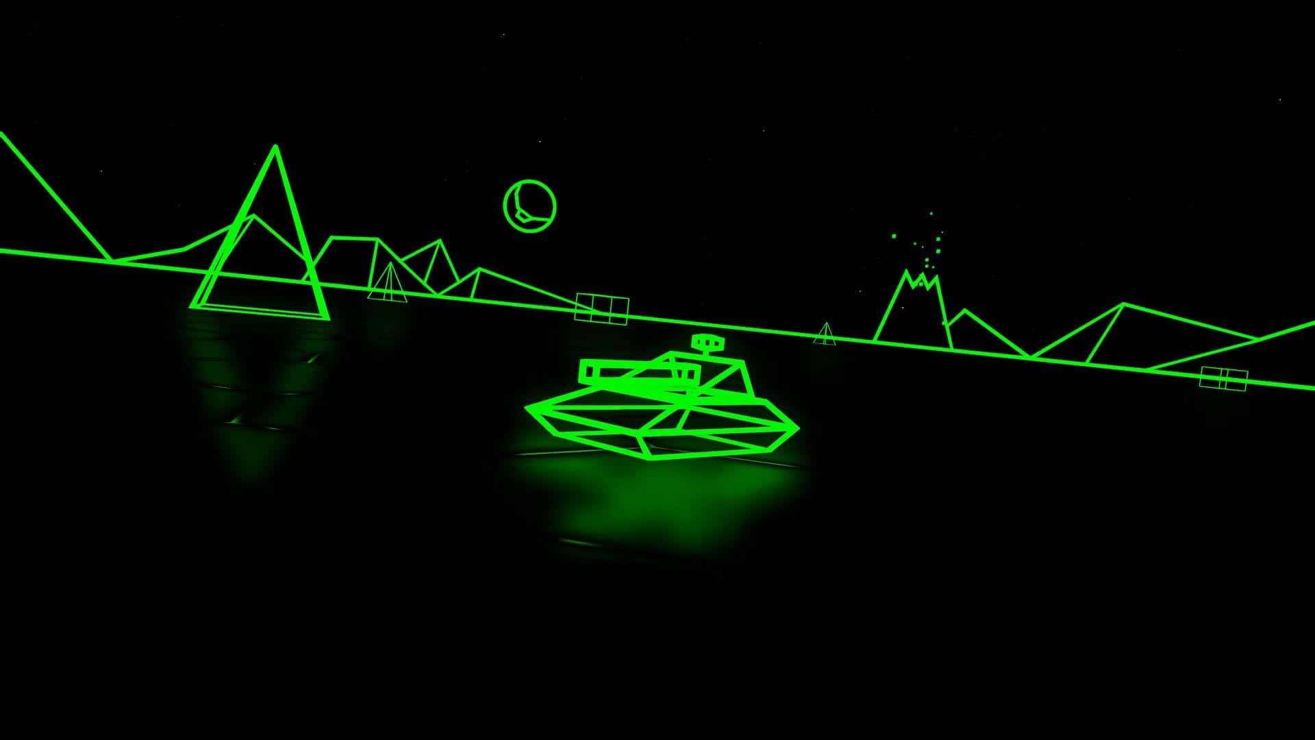 green aesthetic desktop, glowing green geometric tank, minimalist neon landscape, Full HD Desktop Wallpaper