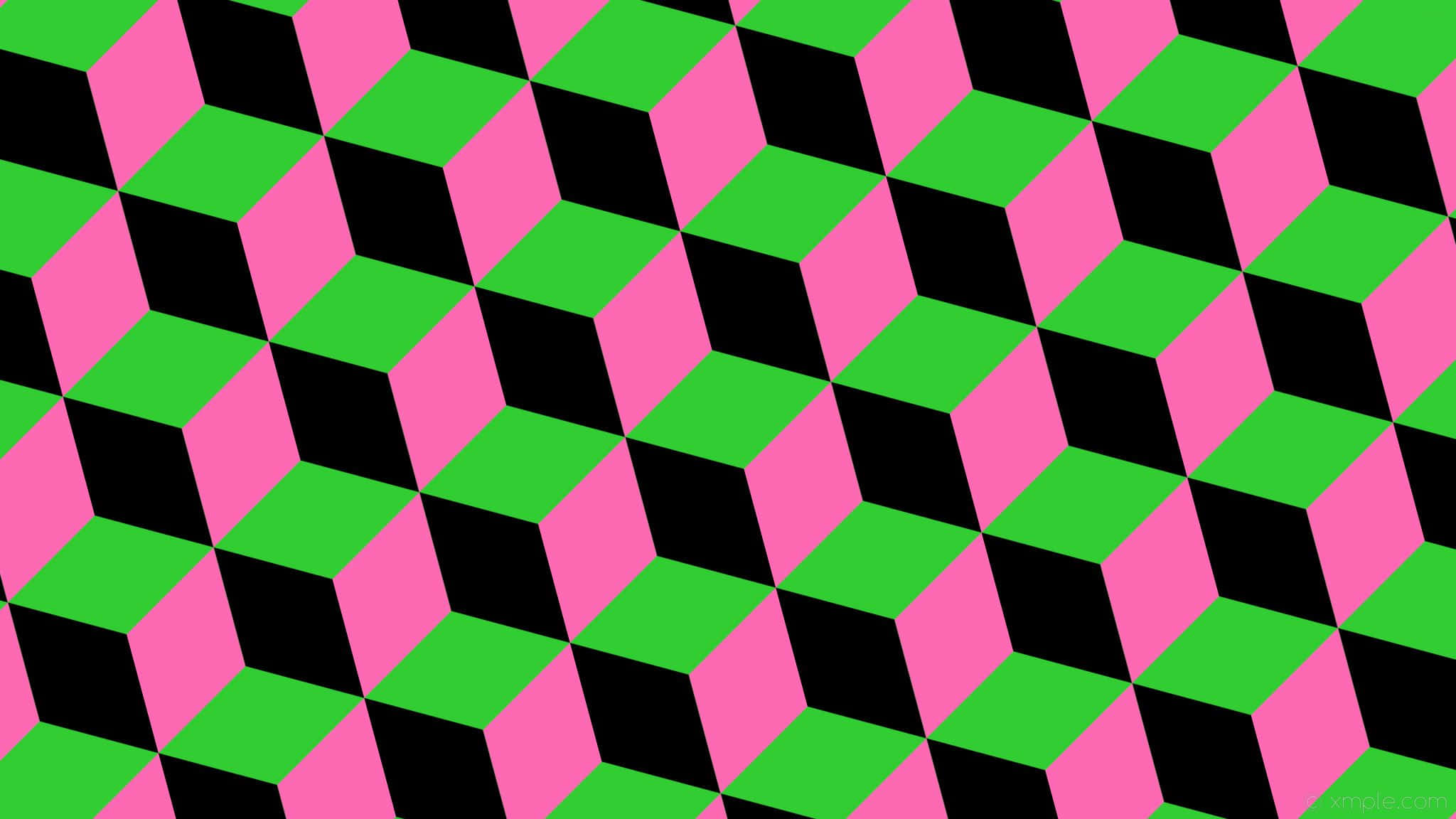 pink and black tiled pattern, vibrant pink green and black 3d cubes, bold optical illusion pattern, Full HD Desktop Wallpaper