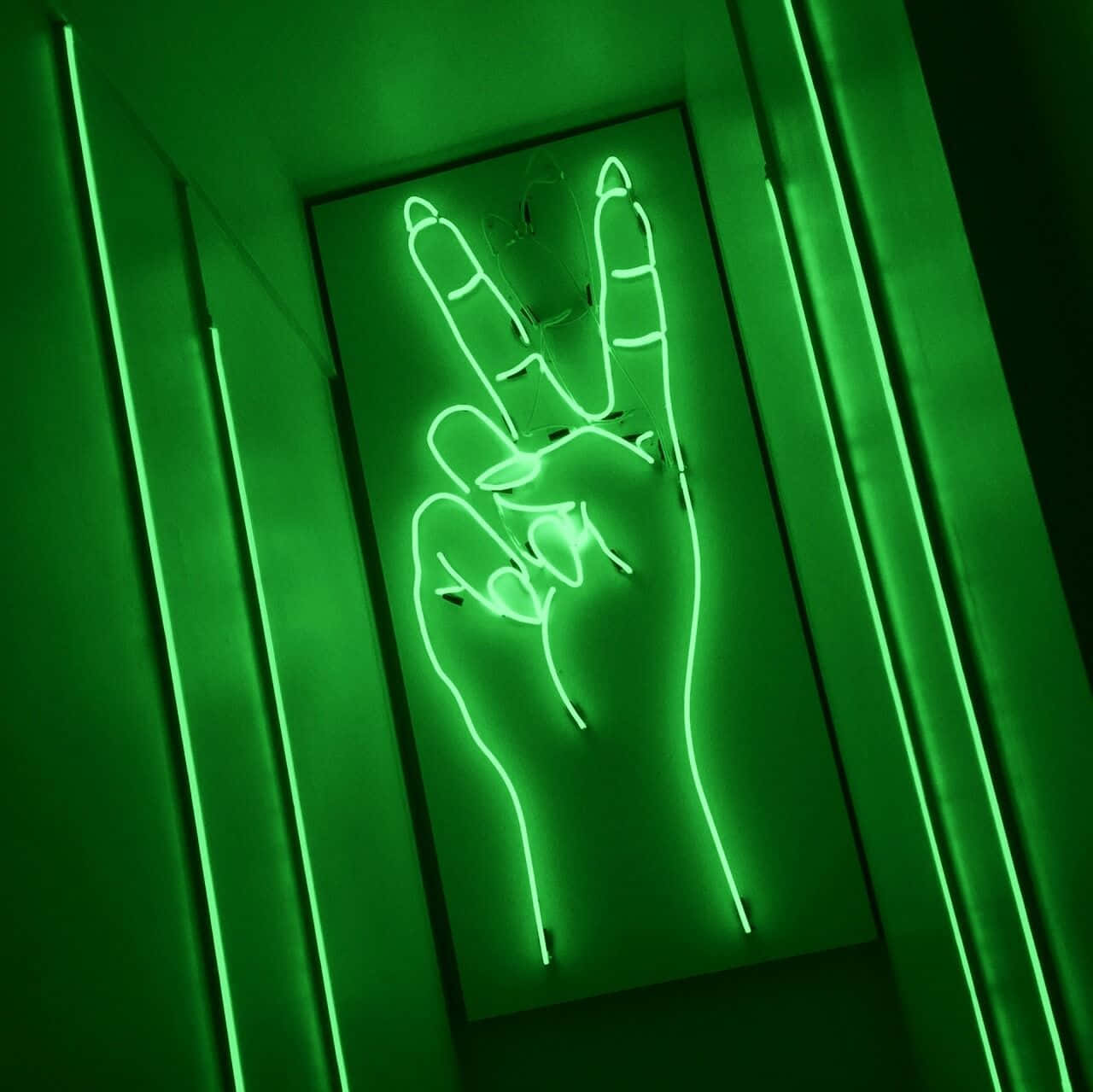 green neon sign, hand making a peace sign, vertical neon strips, HD Desktop Wallpaper