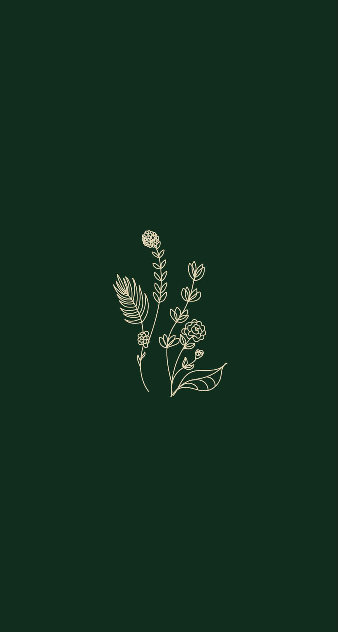 gold line drawing, assorted flowers and leaves, deep forest green background, Full HD Phone Wallpaper