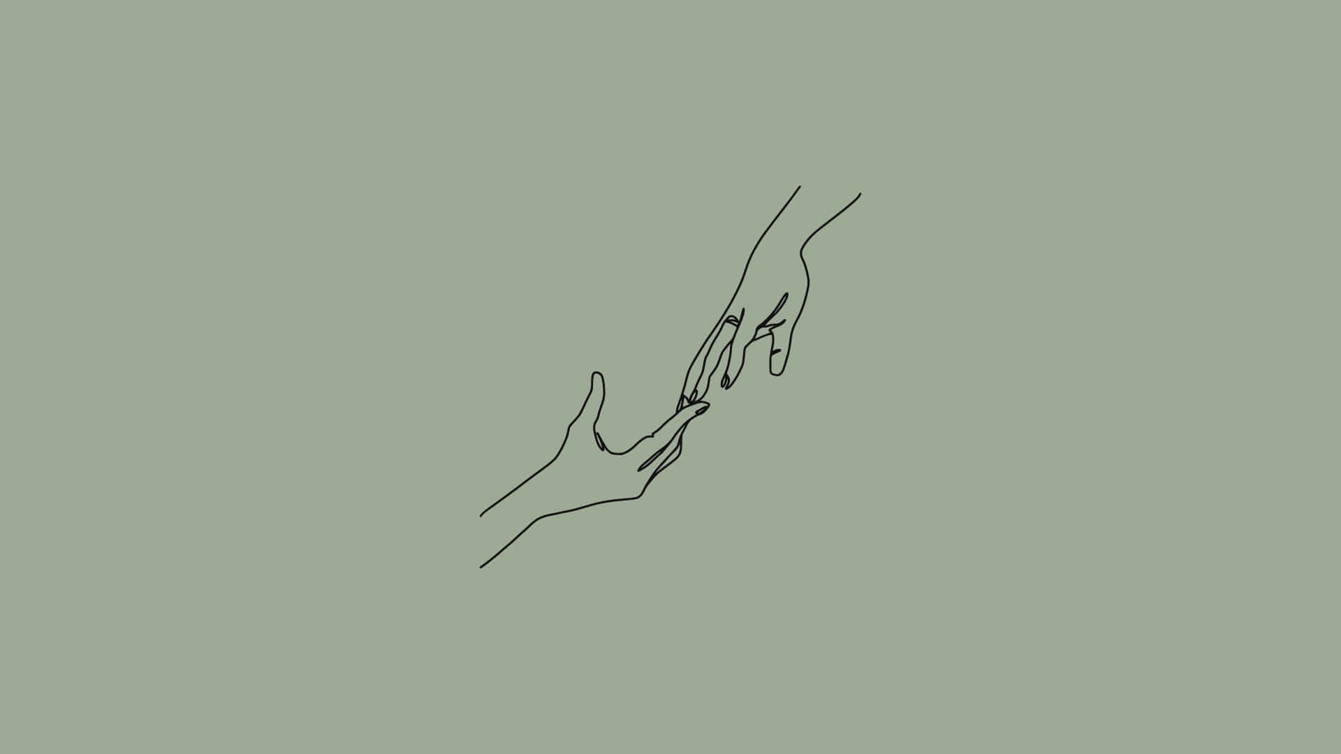 minimalist black line drawing, muted sage green background, touching hands, Full HD Desktop Wallpaper