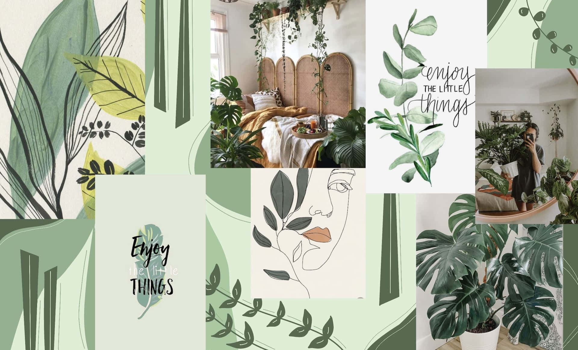 green aesthetic, botanical illustrations, plant-filled bedroom, Full HD Desktop Wallpaper