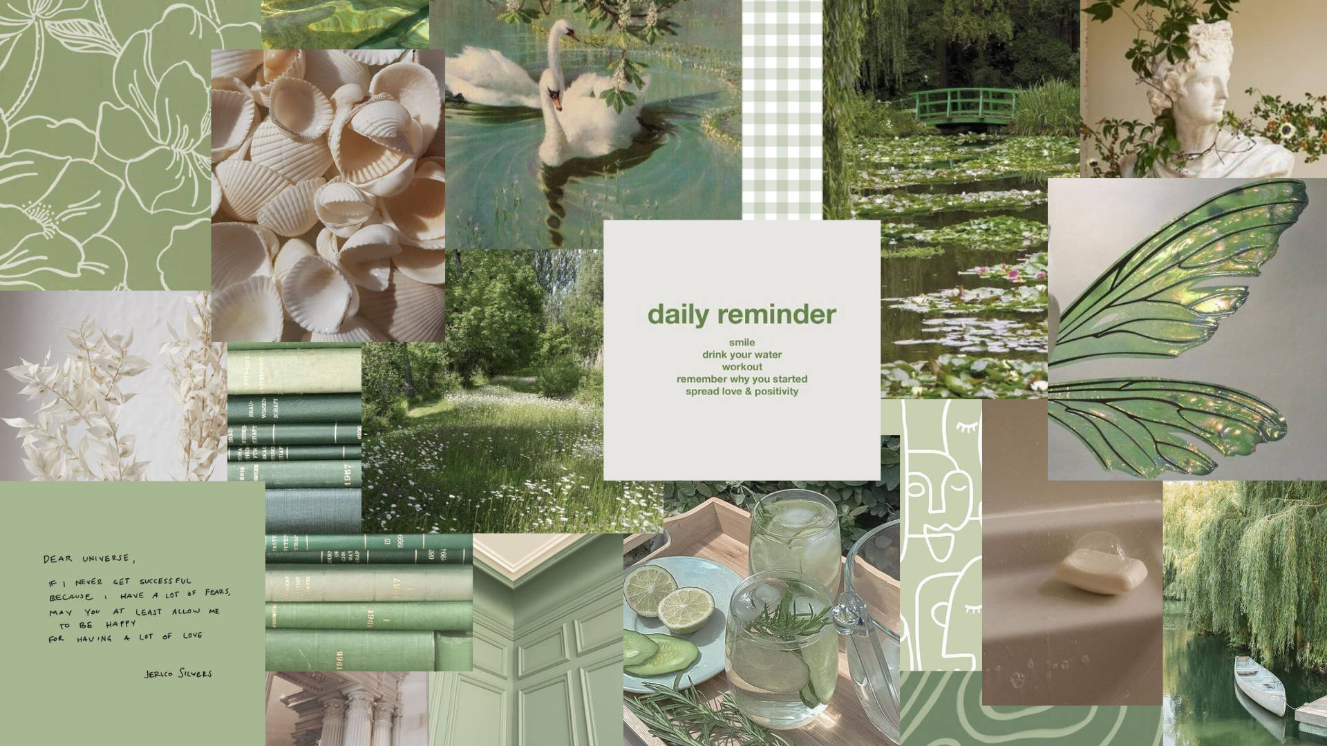 pastel green aesthetic laptop, swans, lotus ponds, Full HD Desktop Wallpaper