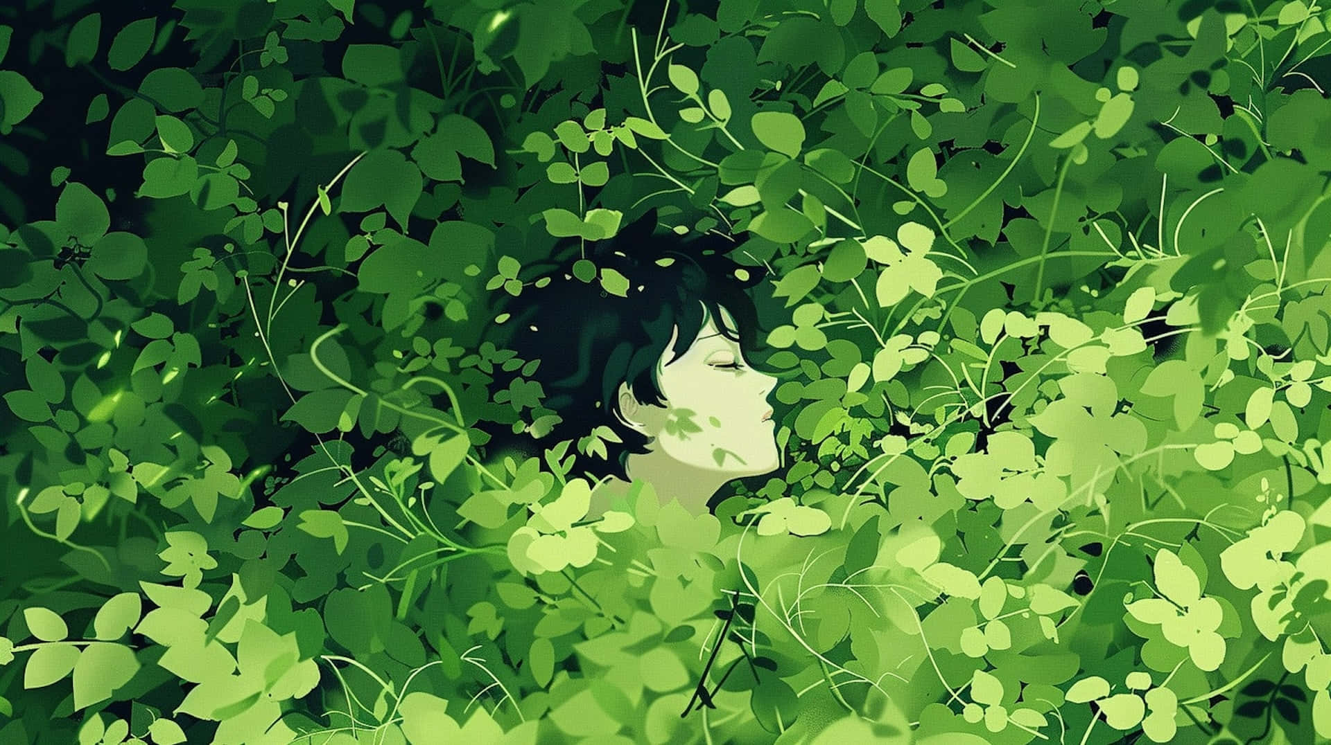 Green Aesthetic Laptop, anime-style person, dark hair, Full HD Desktop Wallpaper