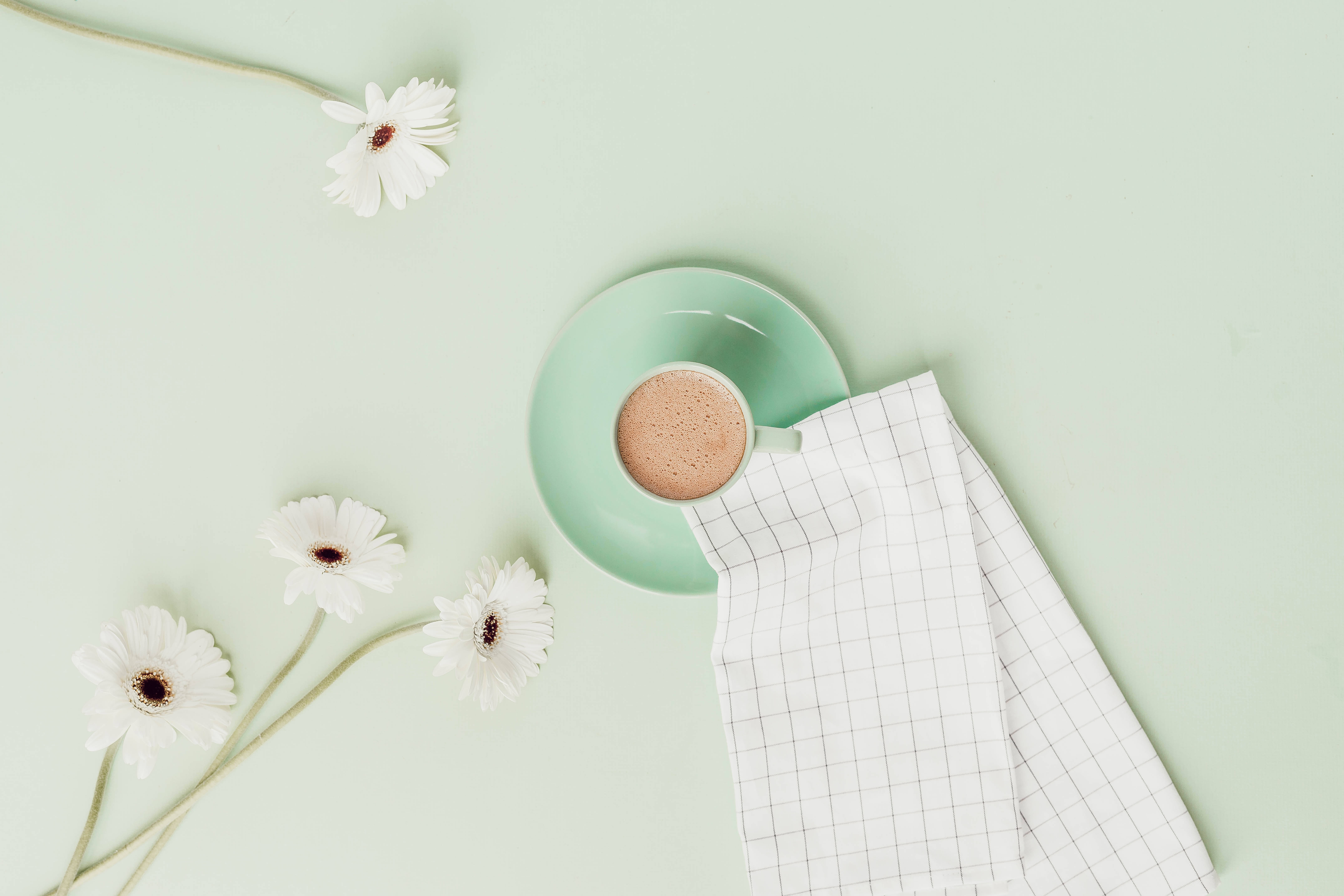 pastel green aesthetic laptop, mint green cup of coffee, checkered napkin, 5K Desktop Wallpaper