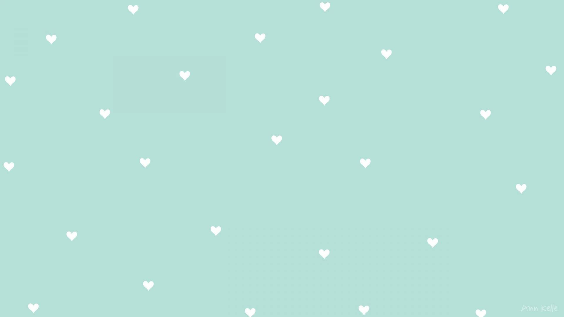 pastel green aesthetic laptop, soft mint green, scattered white hearts, Full HD Desktop Wallpaper