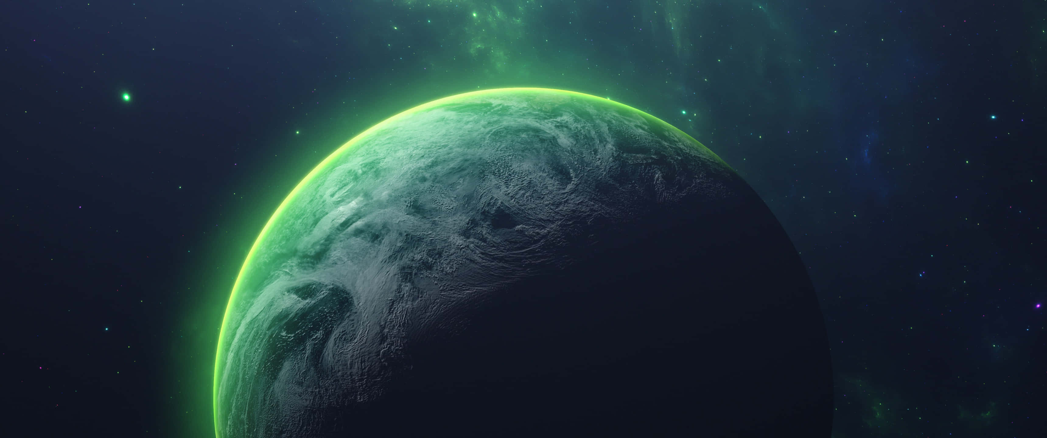 Green And Blue Galaxy, glowing green planet, swirling clouds, 2K Desktop Wallpaper