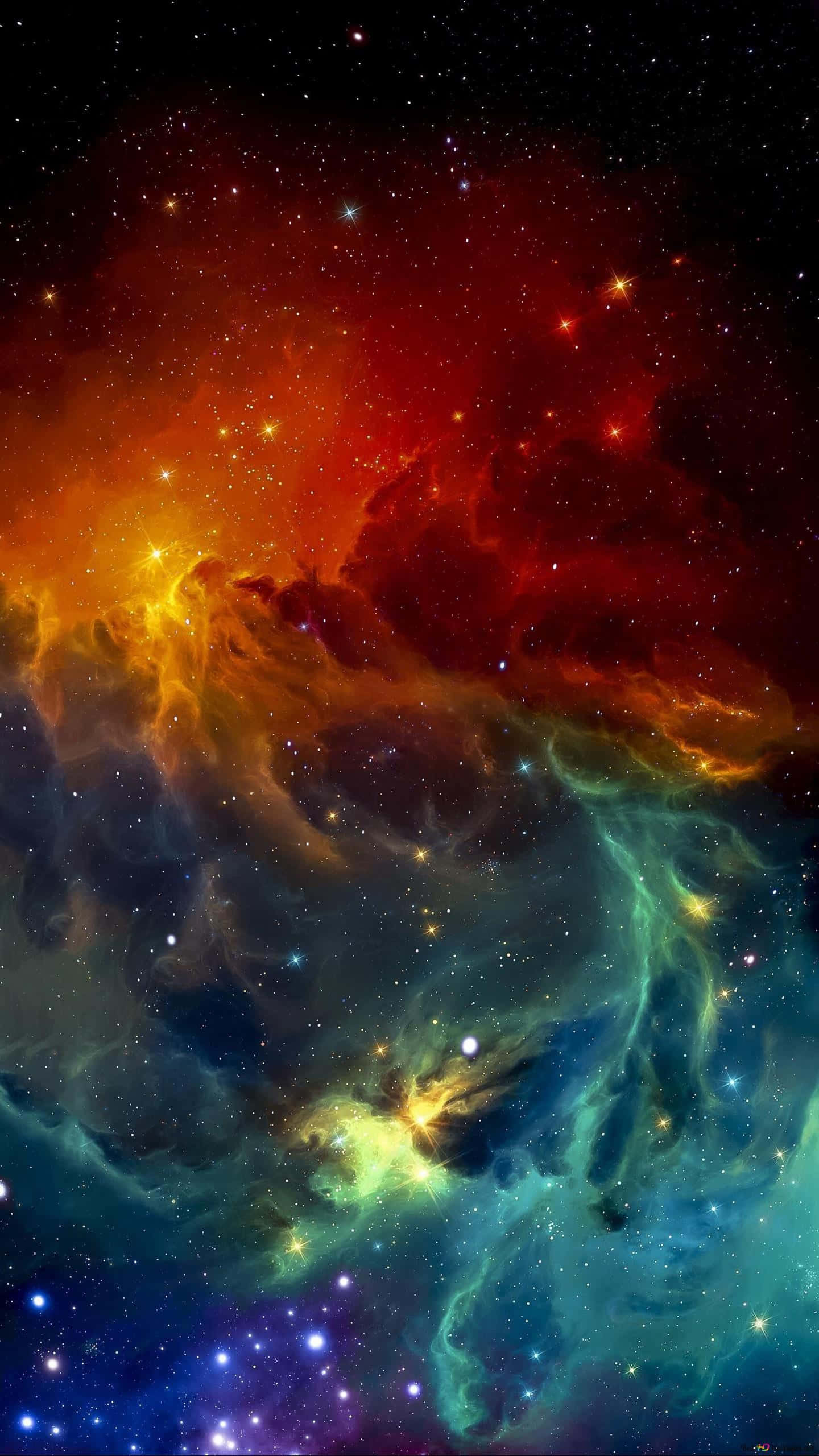 Green And Blue Galaxy, cosmic nebula, fiery reds oranges, 2K Phone Wallpaper