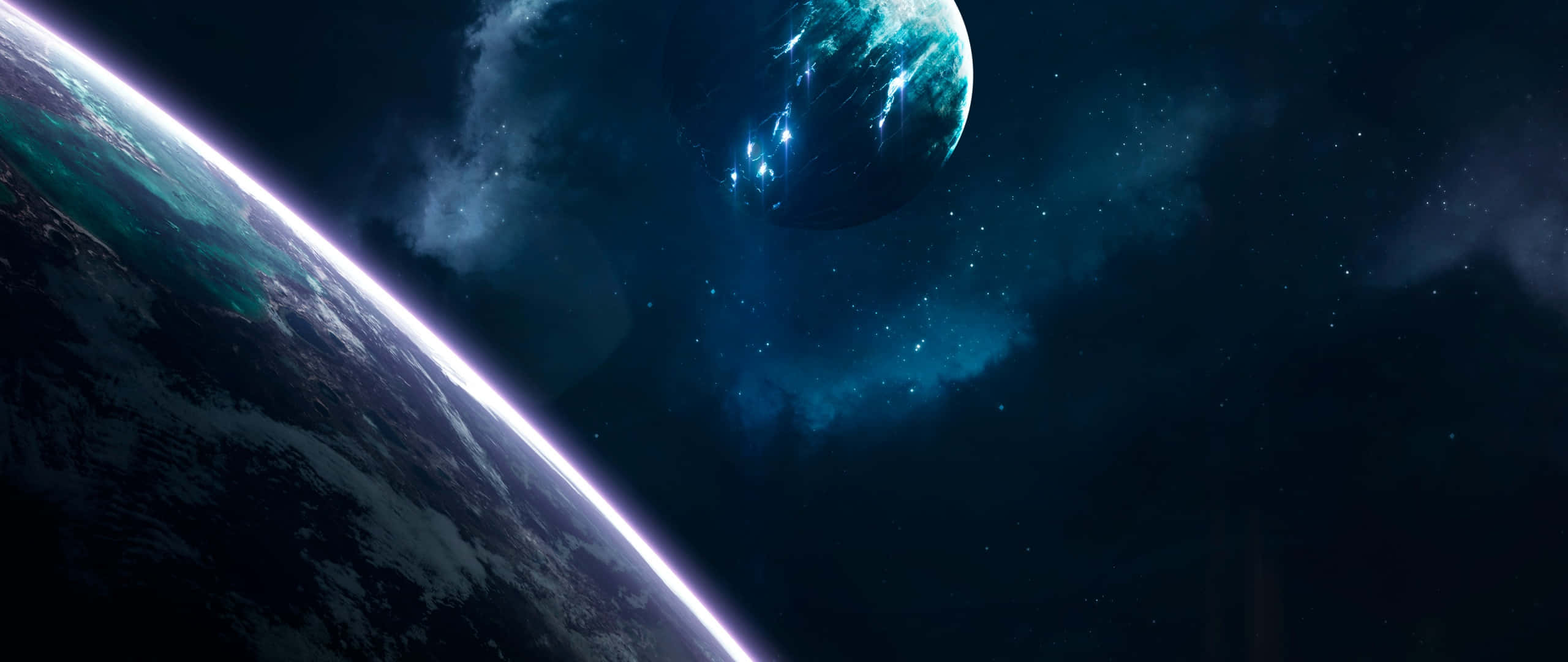 Green And Blue Galaxy, snow-capped planet, starry cosmic backdrop, 2K Desktop Wallpaper