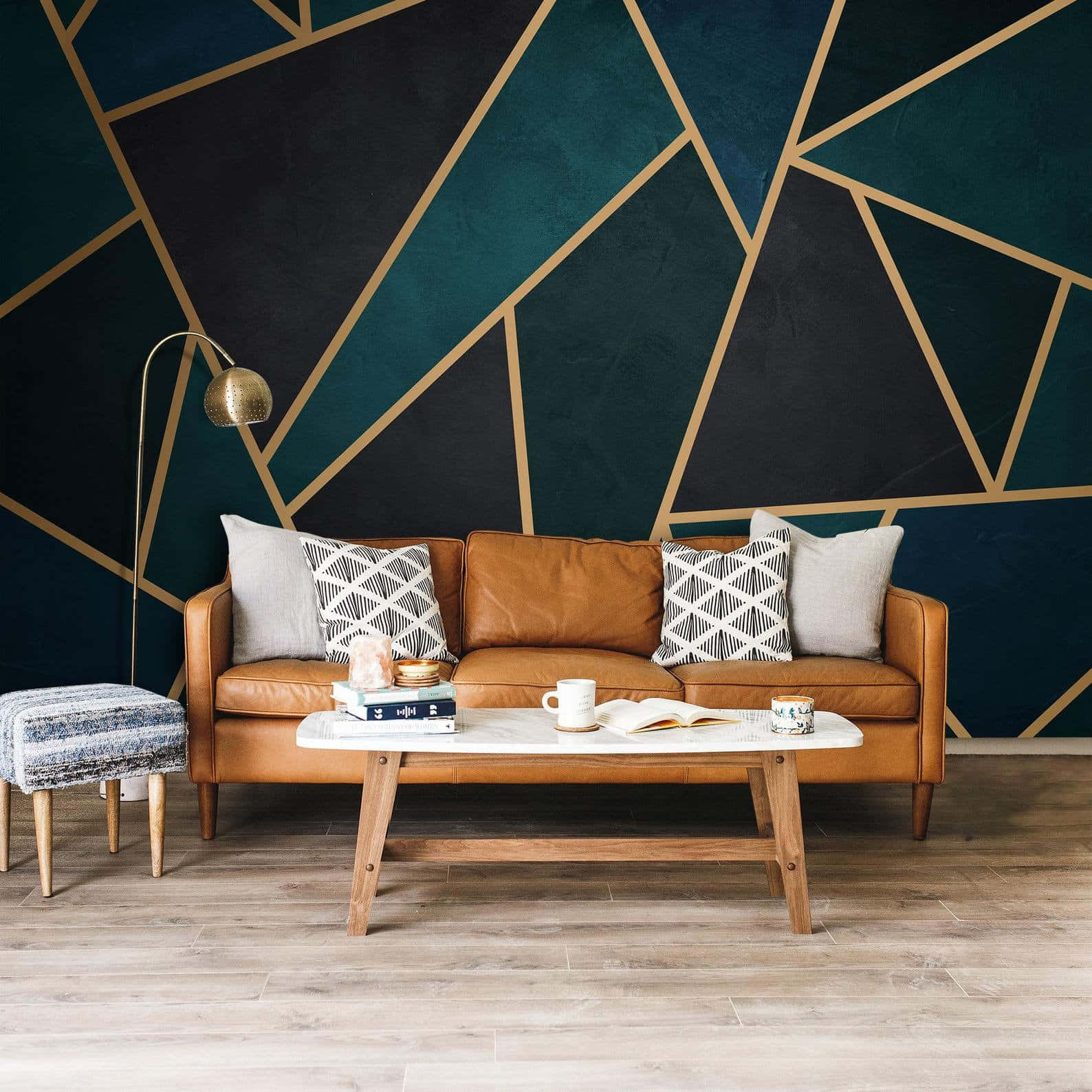 brown leather sofa, bold teal wall, gold geometric lines, HD Desktop Wallpaper