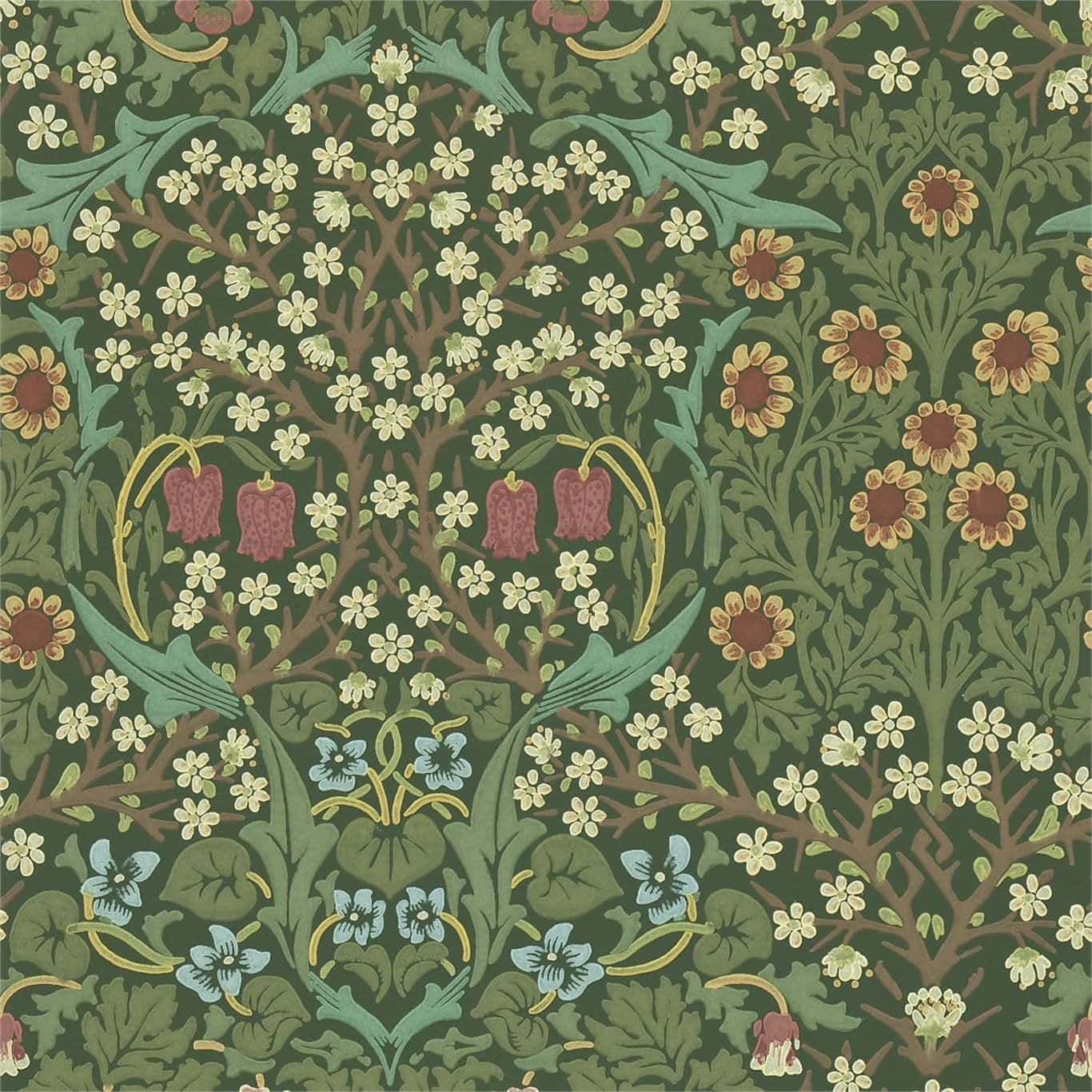 vintage floral wallpaper pattern, green leaves, brown branches, HD Desktop Wallpaper