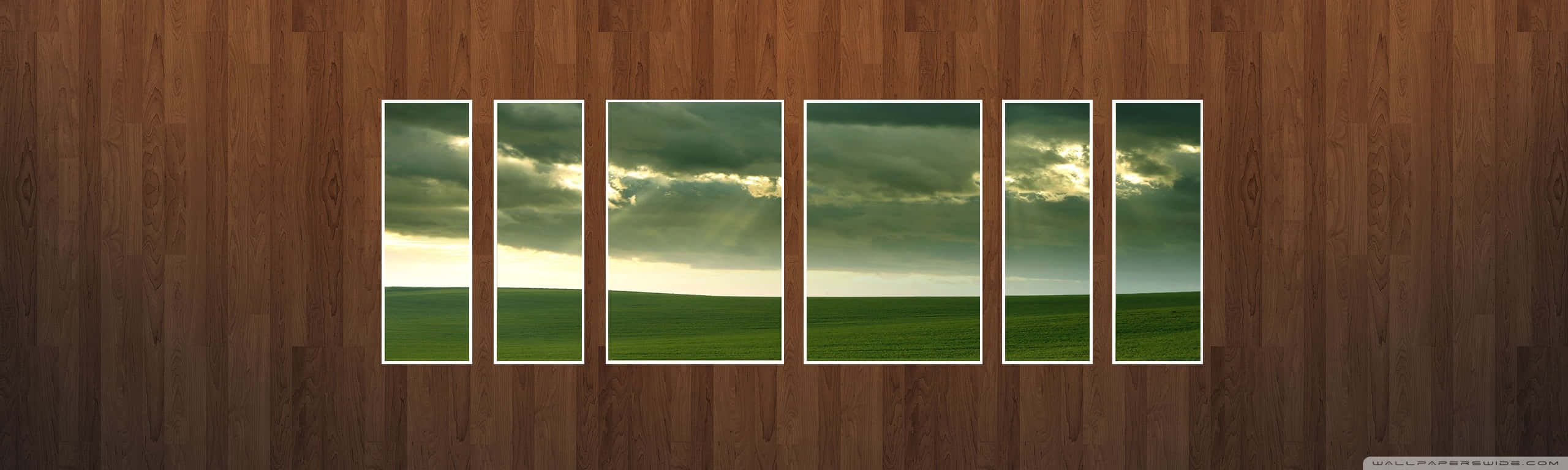 green fields, stormy sky panels, rich brown wooden wall, 2K Desktop Wallpaper