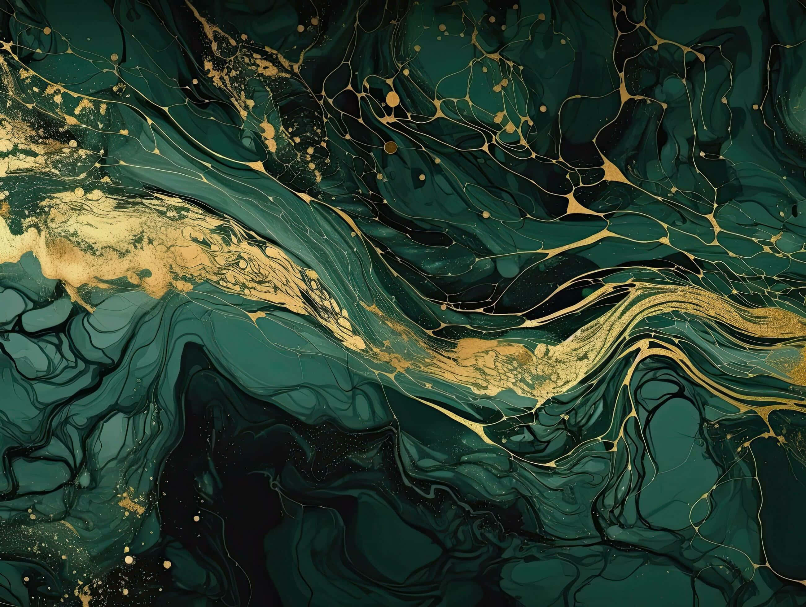 abstract green gold marble pattern, vibrant teal, gold liquid swirls, 2K Desktop Wallpaper