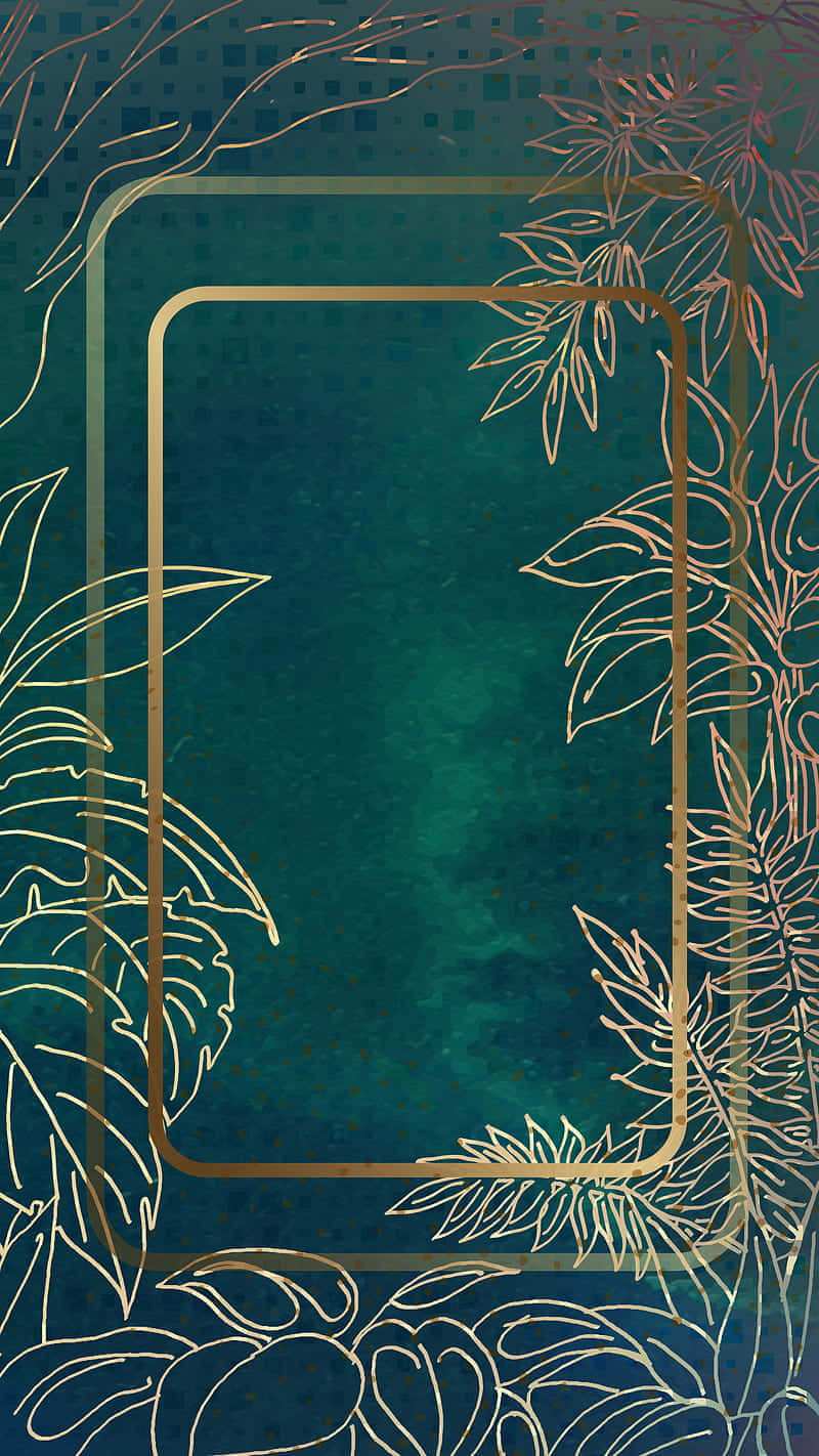 Tropical Green Gold Frame, teal background, gold leafy outlines, HD Phone Wallpaper