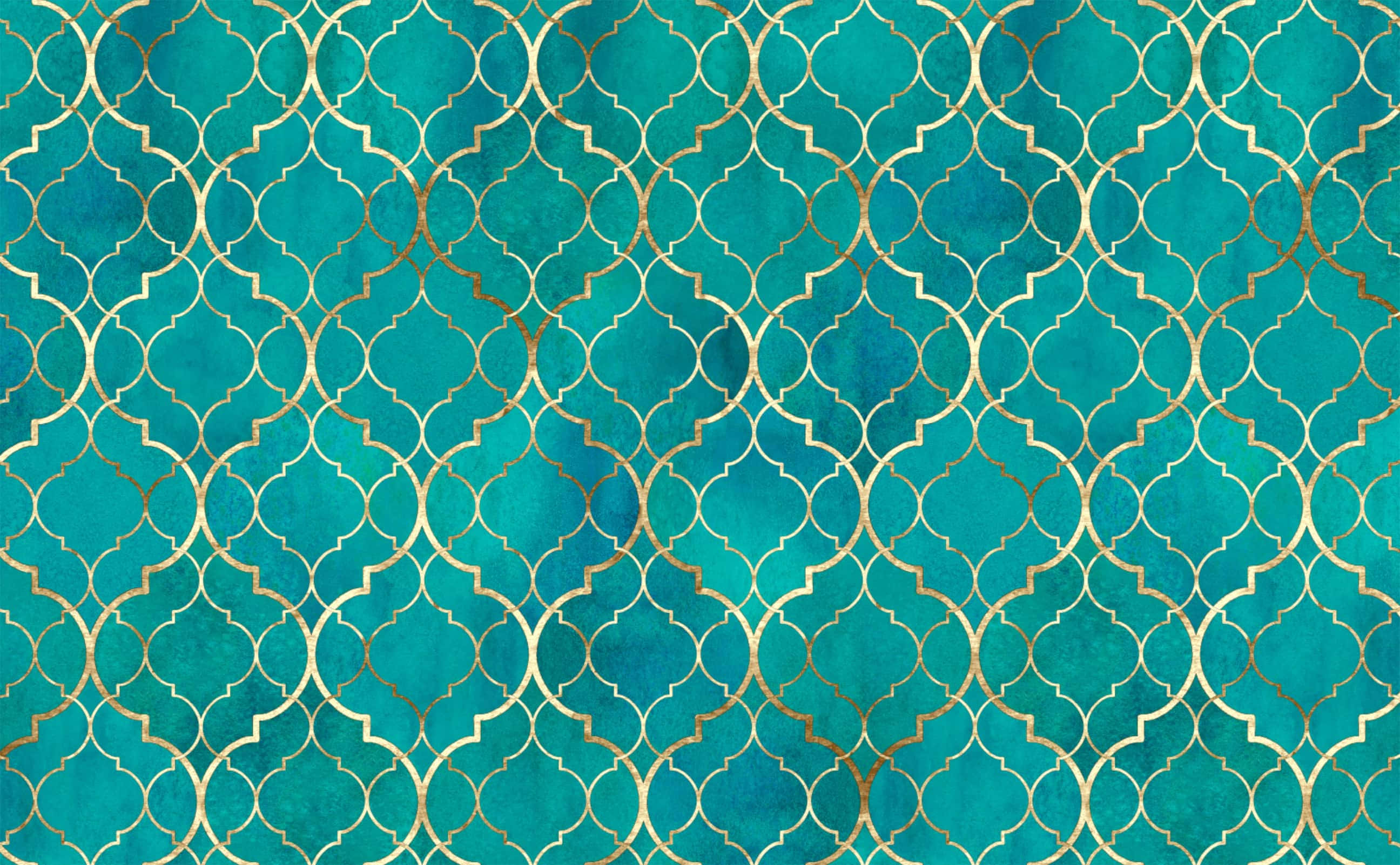 Teal Moroccan Tile Pattern, gold geometric quatrefoil patterns, teal watercolor background, 2K Desktop Wallpaper