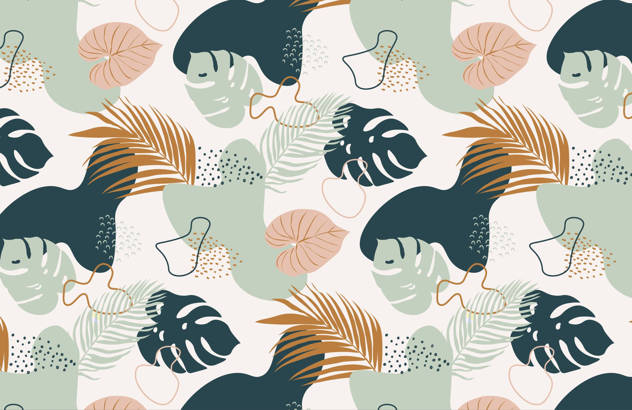 Green And Gold, monstera, palm fronds, 2K Desktop Wallpaper