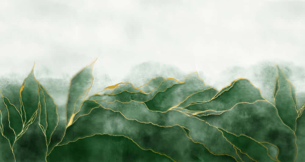 abstract green gold mountain landscape, green leafy forms, golden veins, SD Desktop Wallpaper