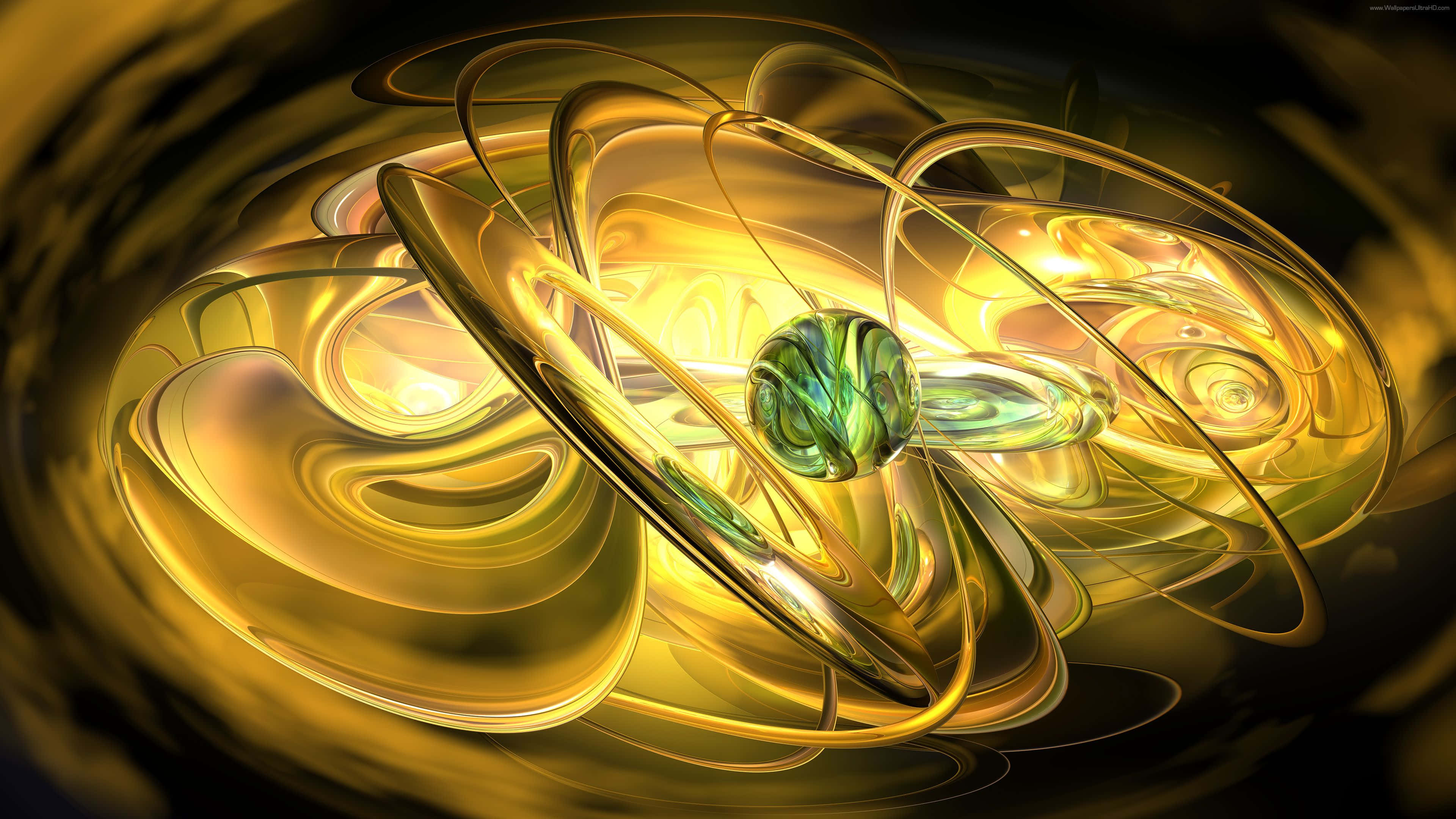 abstract green gold fractal art, glowing golden abstract swirl, green marbled orb, 4K Desktop Wallpaper