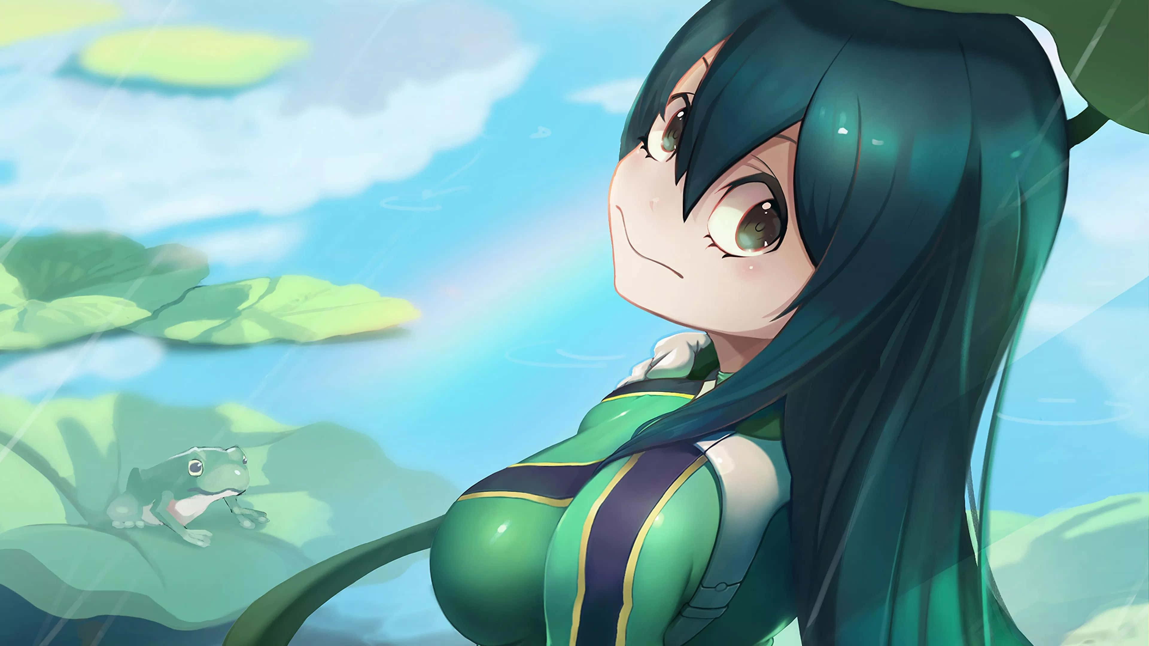 teal hair, green outfit, lily pads, 4K Desktop Wallpaper
