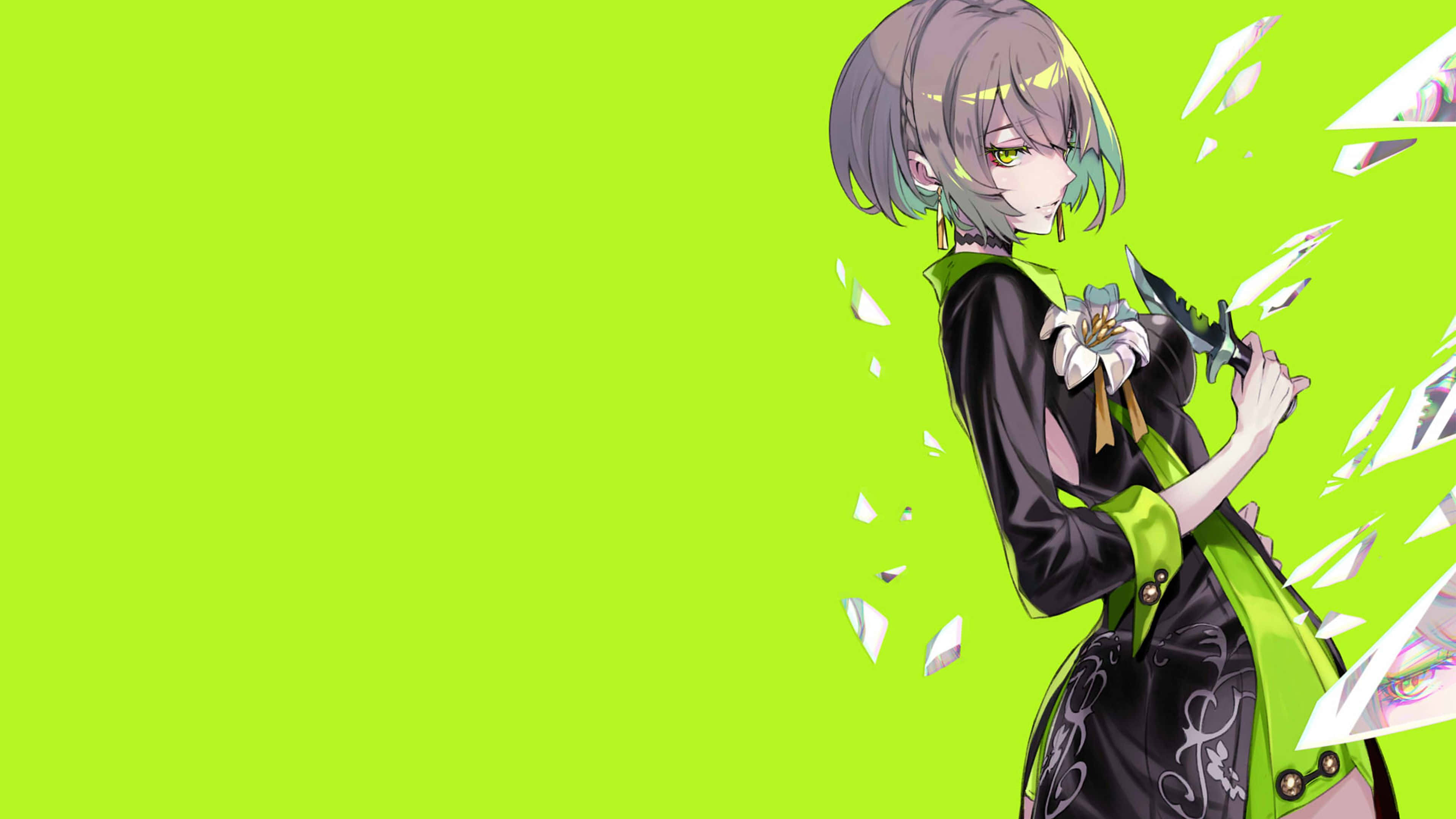 green anime, anime girl, gray hair, 4K Desktop Wallpaper