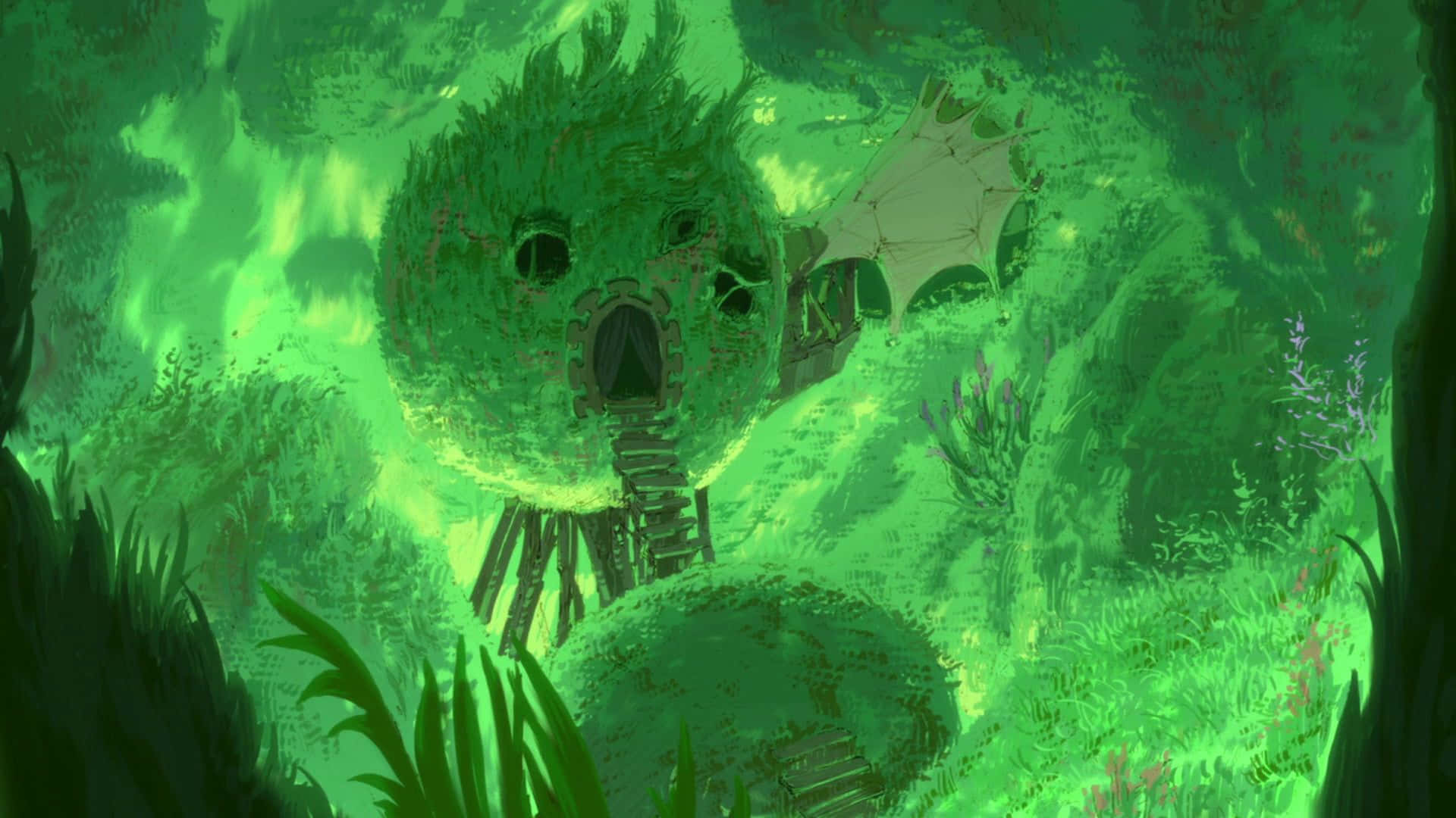 Green Anime, mossy treehouse, dragon-like face, Full HD Desktop Wallpaper