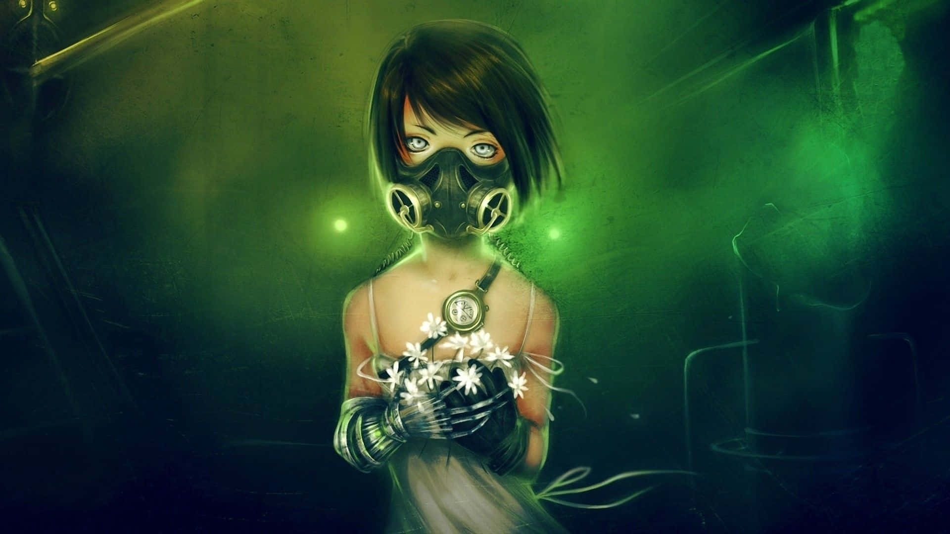 Green Anime, girl, gas mask, Full HD Desktop Wallpaper