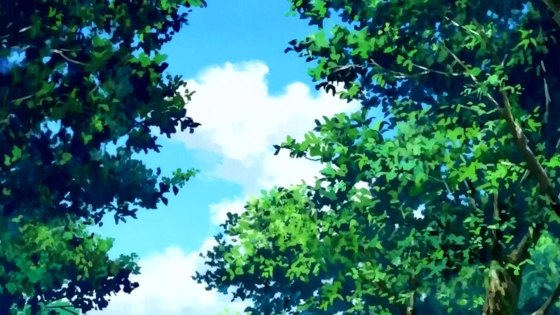 Green Anime Aesthetic, Sunny Day Sky, vibrant green tree canopy, Full HD Desktop Wallpaper
