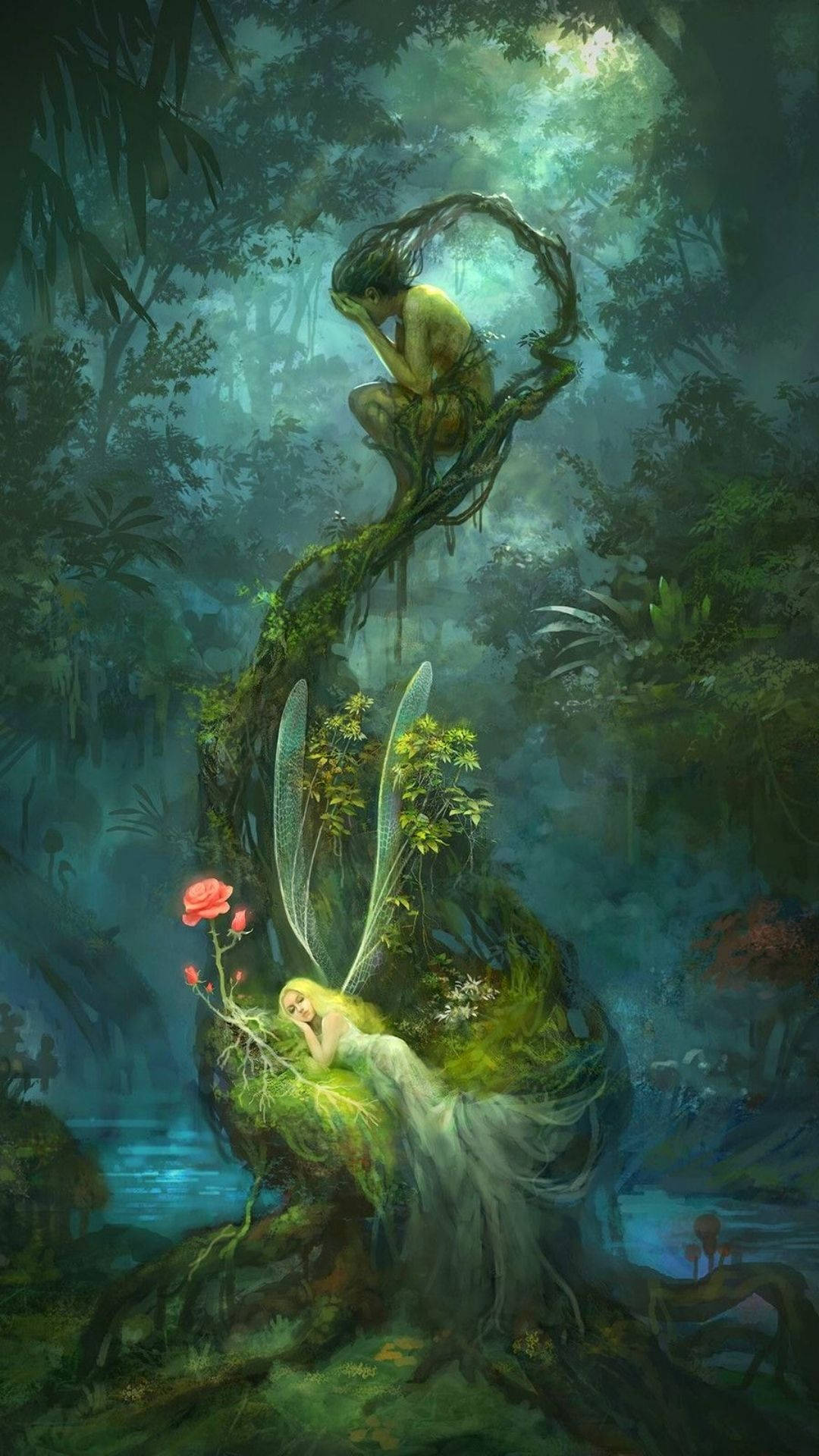 mystical forest, sleeping fairy, mossy tree root, Full HD Phone Wallpaper