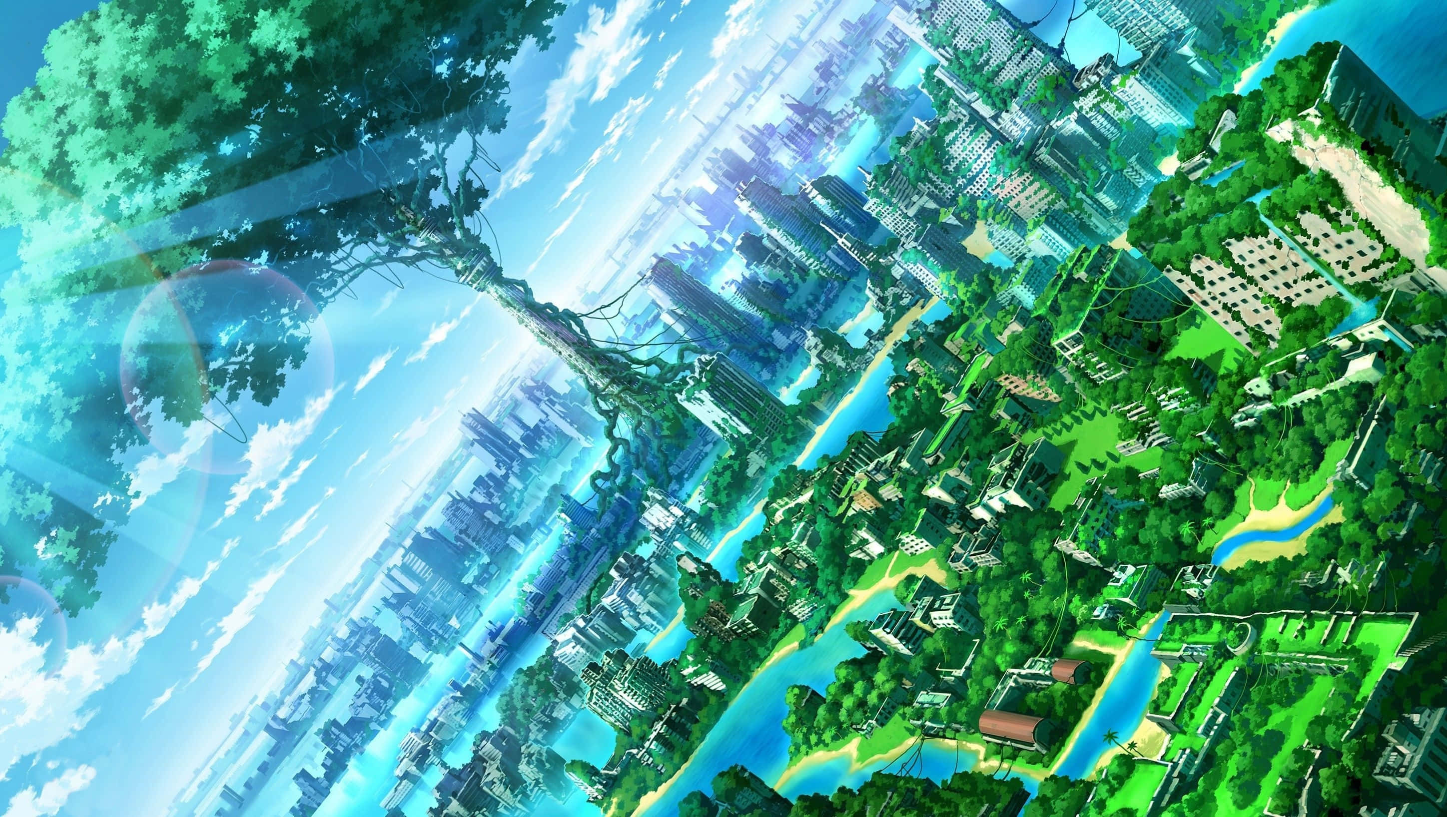 Green Anime, lush green landscape, anime-style cityscape, 2K Desktop Wallpaper