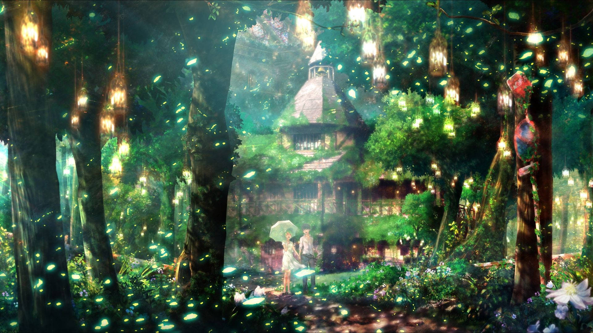 green anime aesthetic, enchanted forest, hanging lanterns, Full HD Desktop Wallpaper