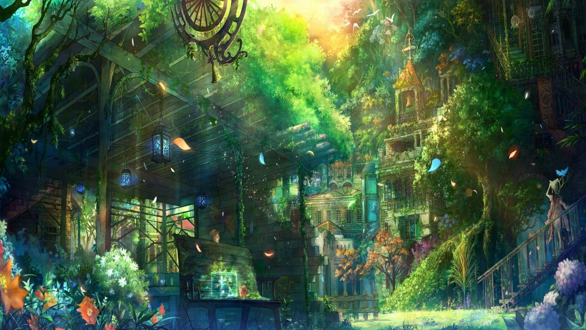 Green Anime, lush greenery, vibrant overgrown garden, Full HD Desktop Wallpaper