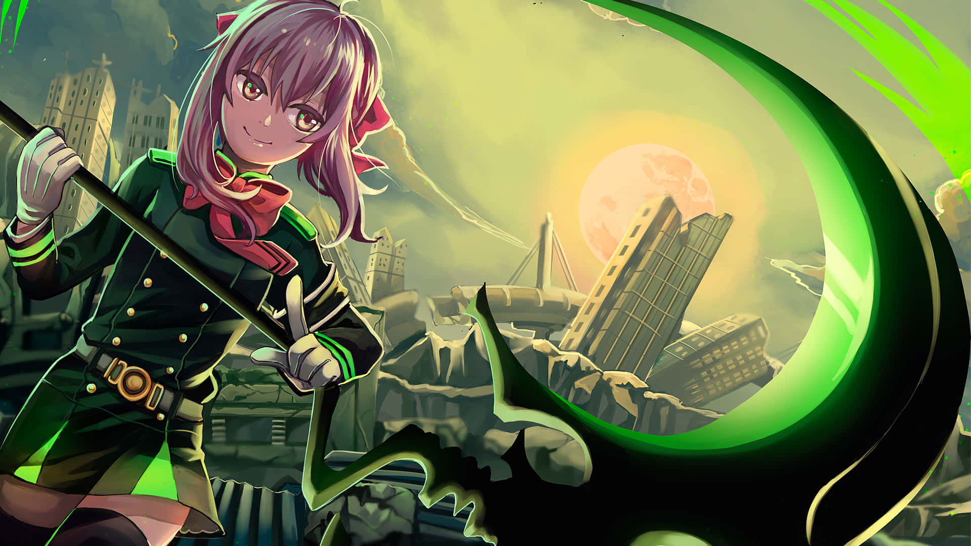 purple-haired anime girl, green uniform, glowing green scythe, Full HD Desktop Wallpaper