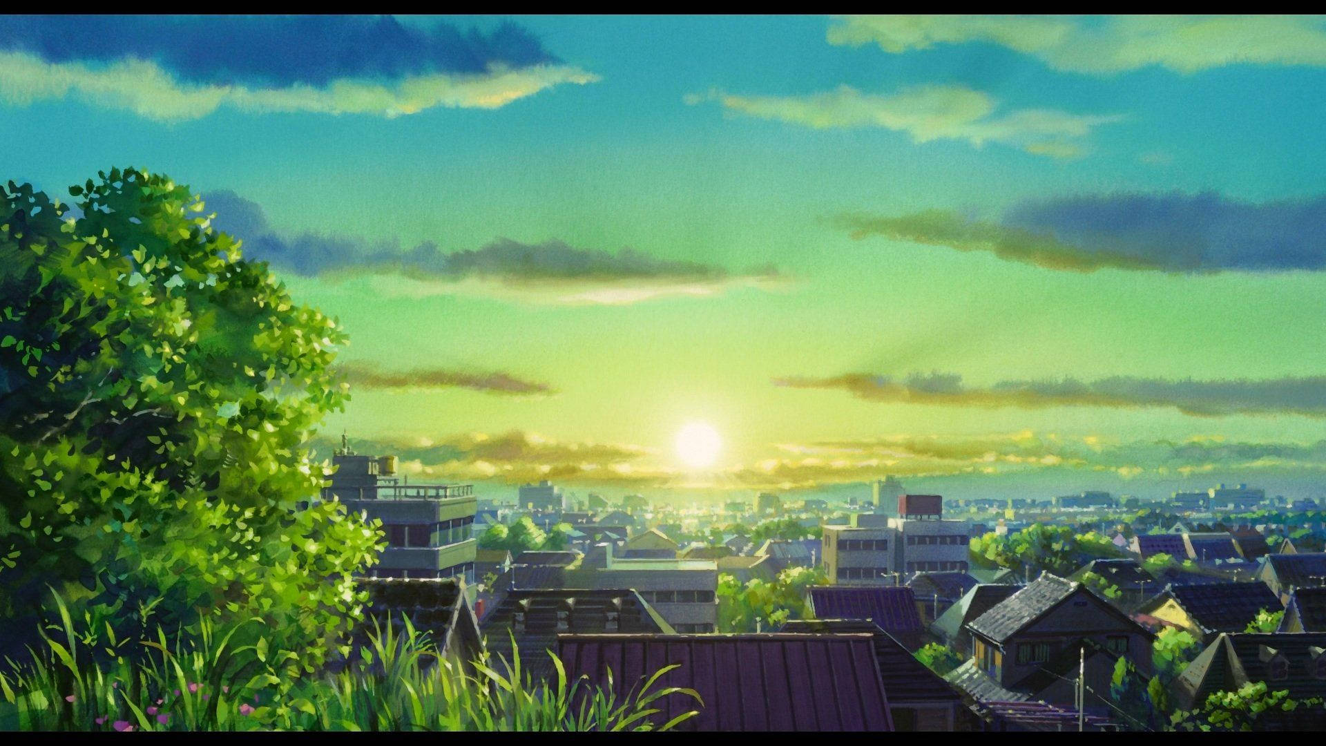 Green Anime Aesthetic, sun rising, anime sunset, Full HD Desktop Wallpaper