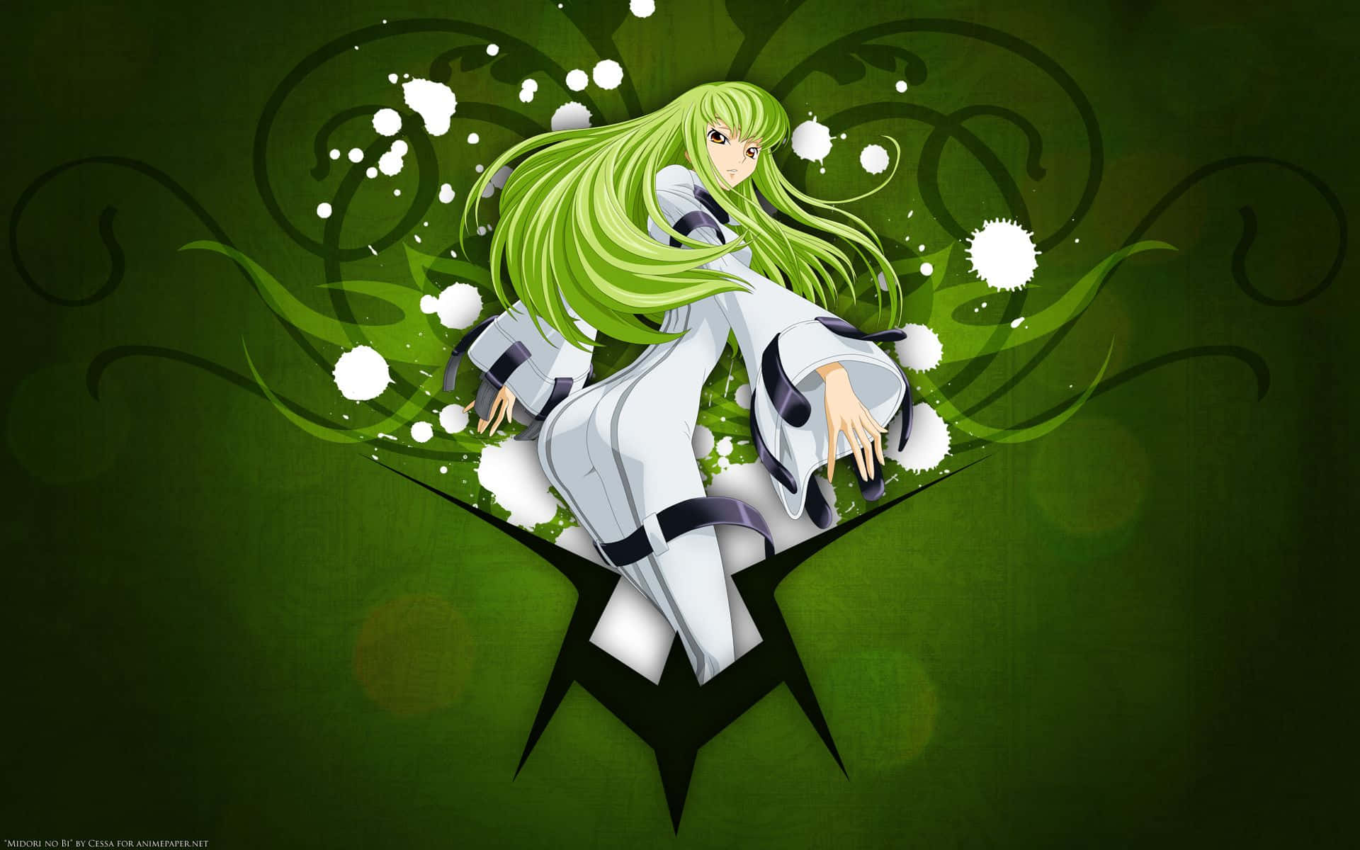 green-haired anime girl, white and black attire, dark green background, Full HD Desktop Wallpaper