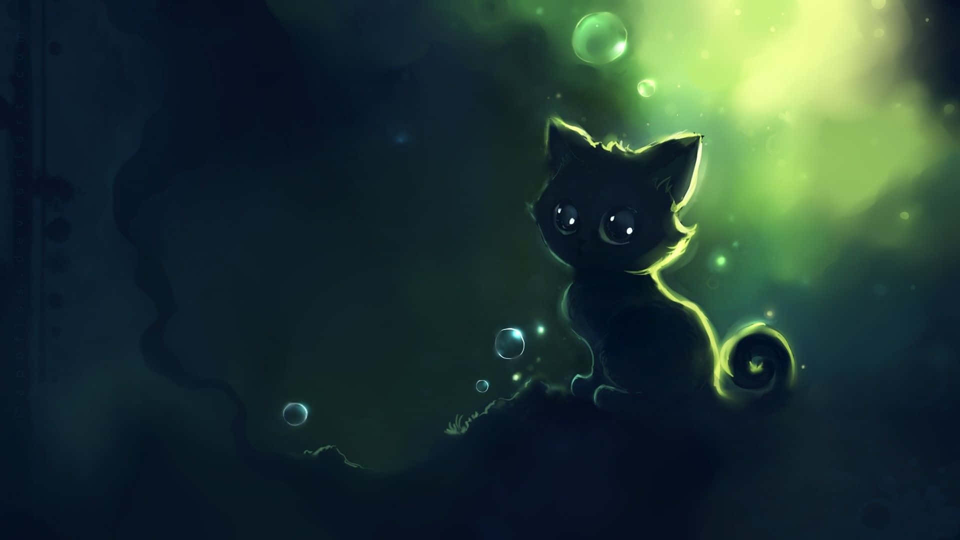 Green Anime, black kitten, glowing eyes, Full HD Desktop Wallpaper