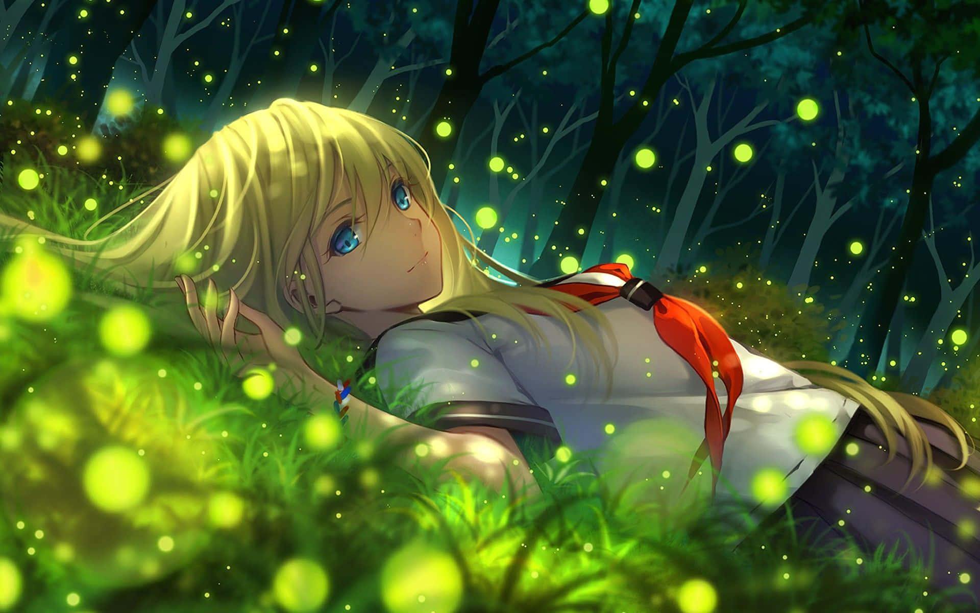 Green Anime, blonde anime girl, glowing green forest, Full HD Desktop Wallpaper