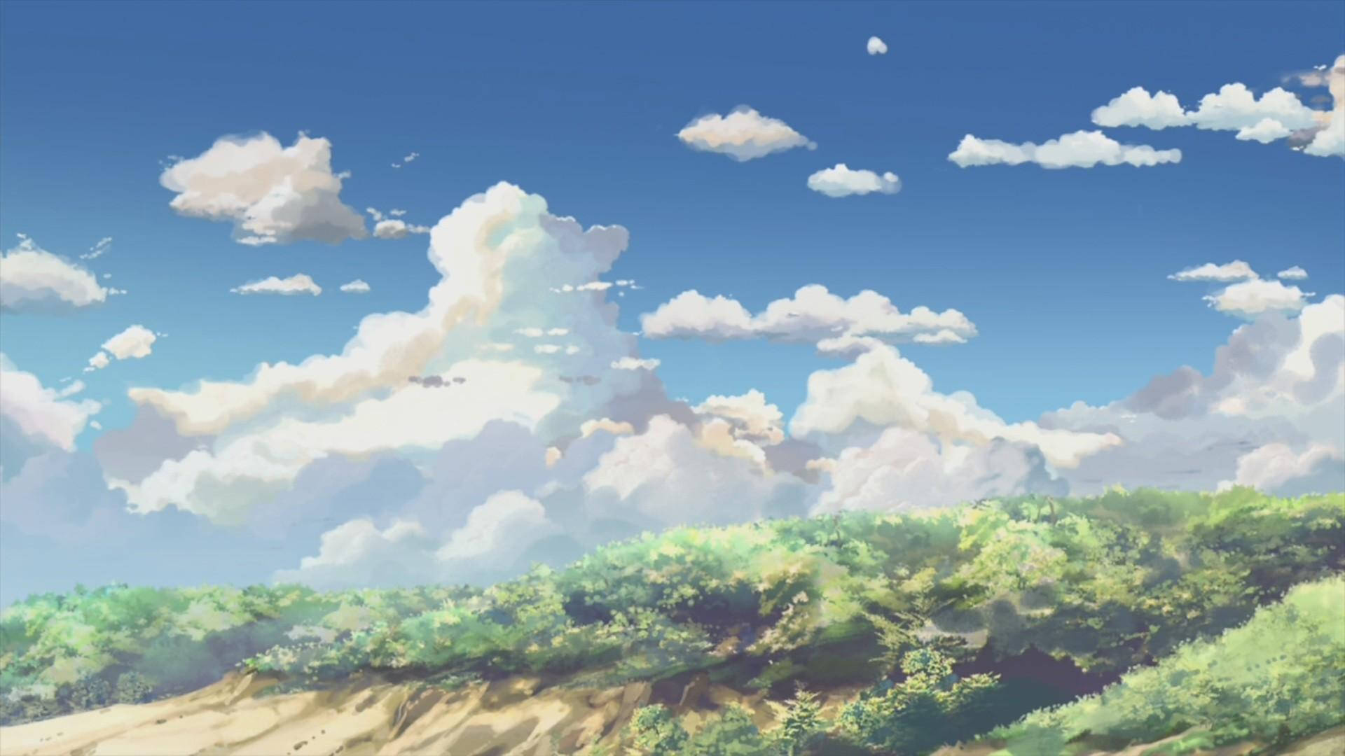 green anime aesthetic, blue sky, fluffy white clouds, Full HD Desktop Wallpaper