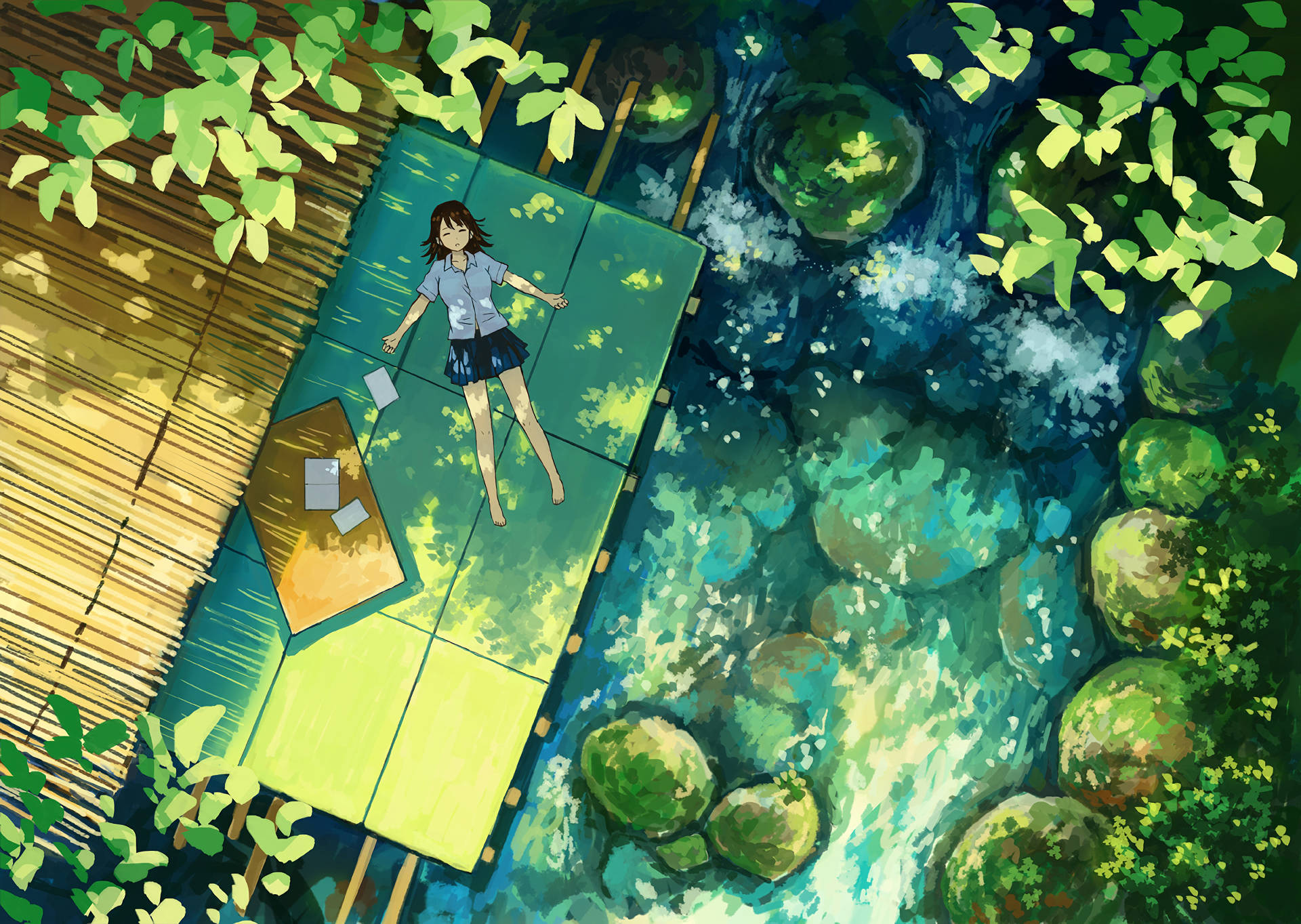 green anime aesthetic, girl, school uniform, Full HD Desktop Wallpaper