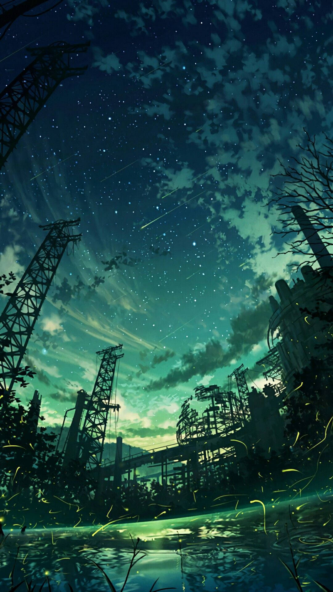 Green Anime Aesthetic, starry night sky, shooting stars, Full HD Phone Wallpaper