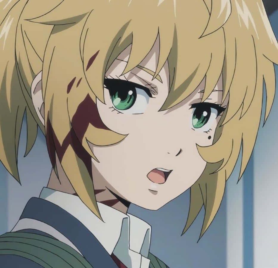 blonde anime character, green eyes, blood streaks, SD Desktop Wallpaper