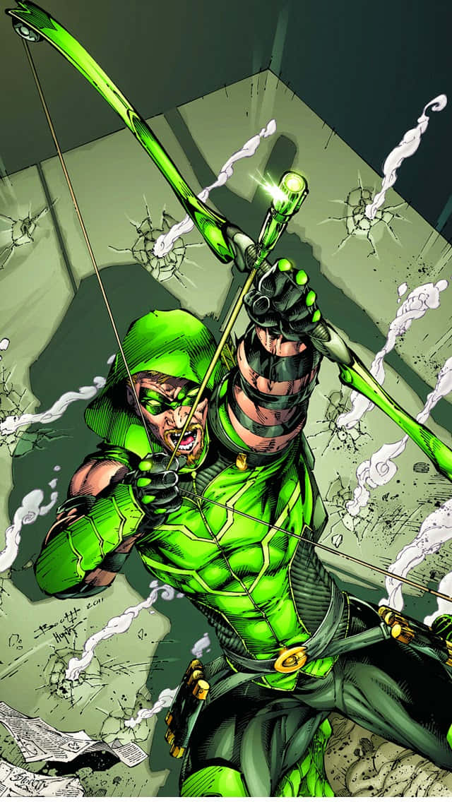 Green Arrow, glowing green bow, energy blasts, SD Phone Wallpaper
