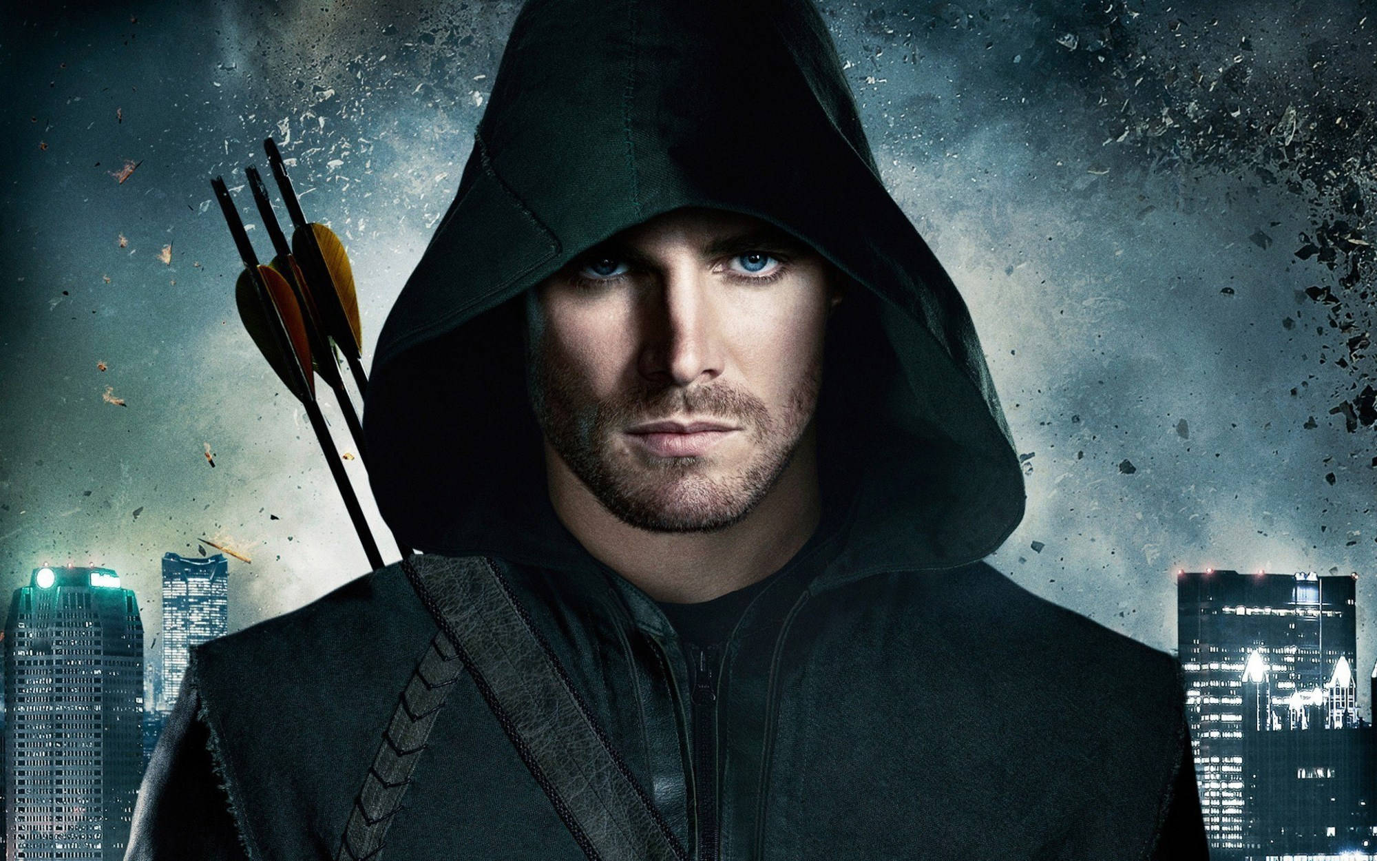 Green Arrow, hooded archer, blue eyes, Full HD Desktop Wallpaper