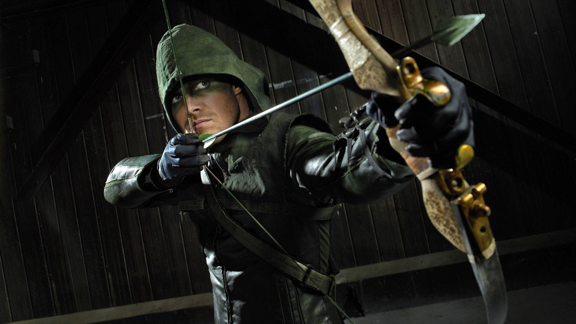 Green Arrow, hooded archer, green leather, Full HD Desktop Wallpaper